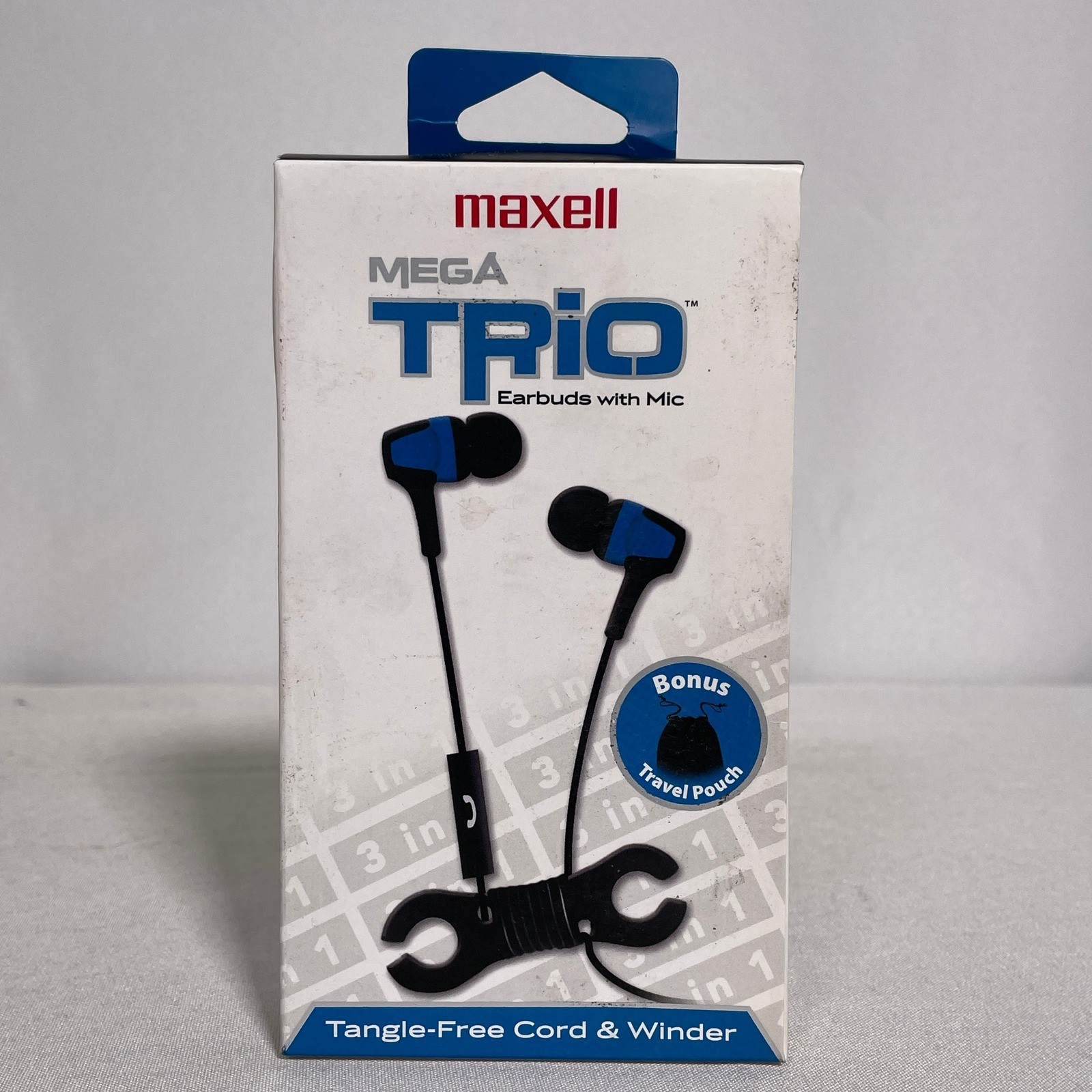 Maxell Mega Trio Wired Earbuds with Mic Blue Black MTRI-BL Tangle-Free NEW