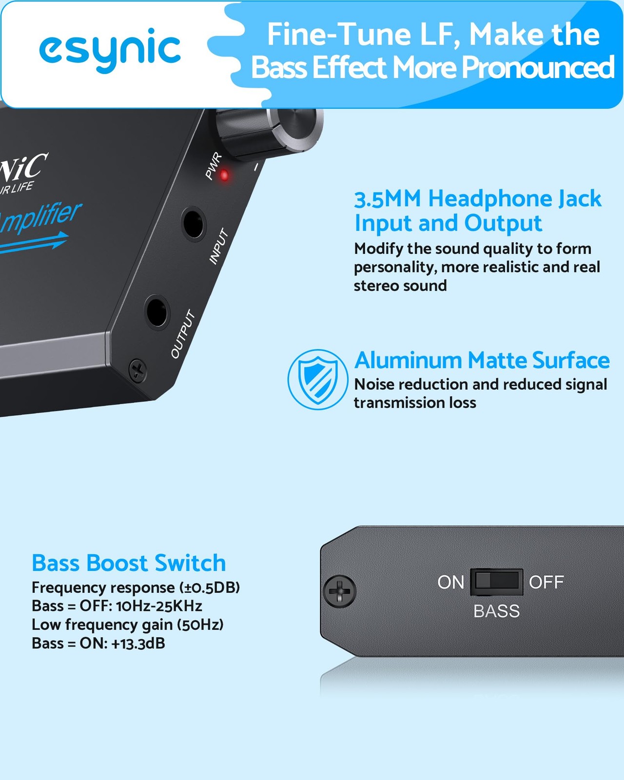 eSynic Pro Bass Boost Headphone Amplifier Rechargeable 16-300Ω Portable Hi-Fi Au