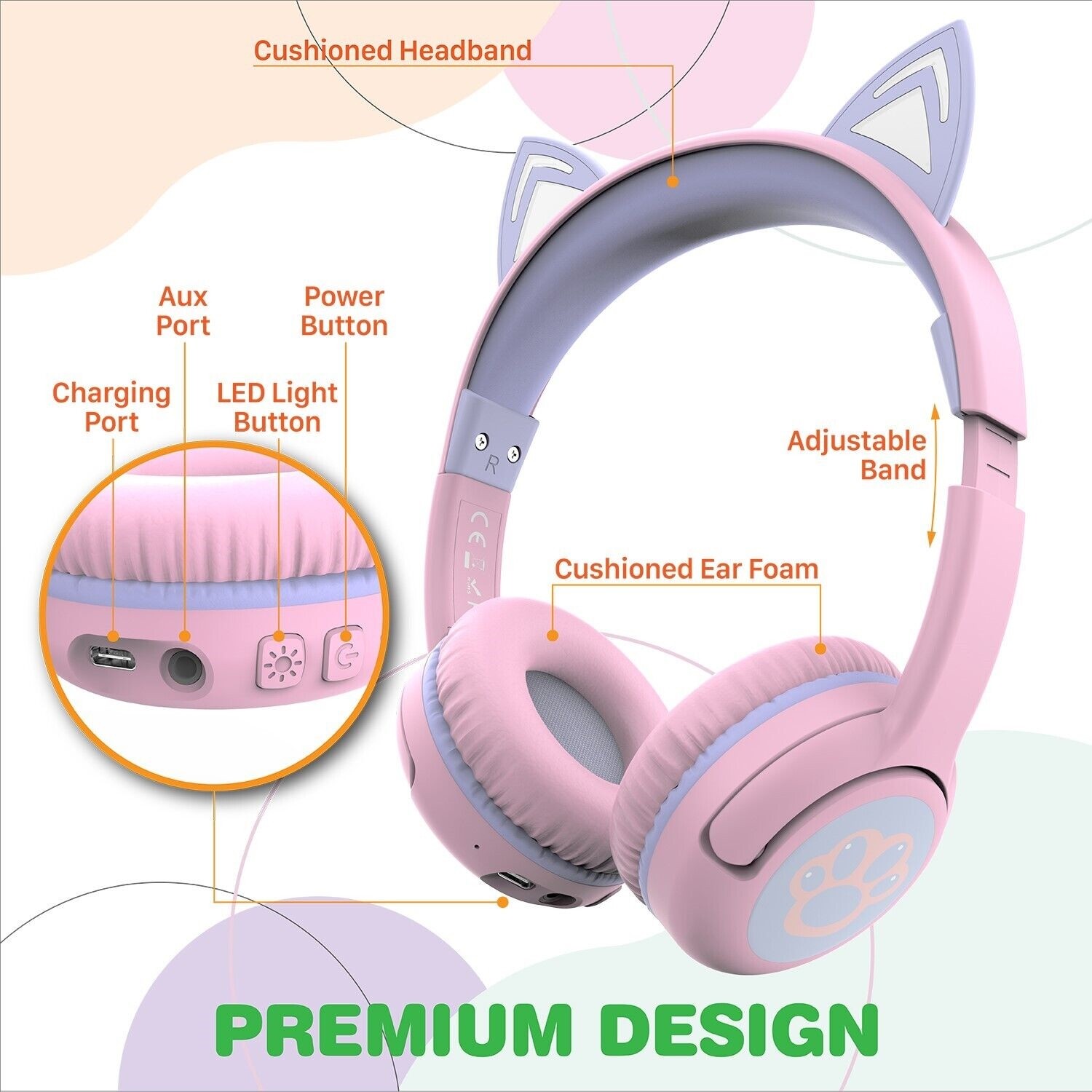 FosPower Kids Headphones Bluetooth Wireless/Wired Headphones with LED Cat Ears
