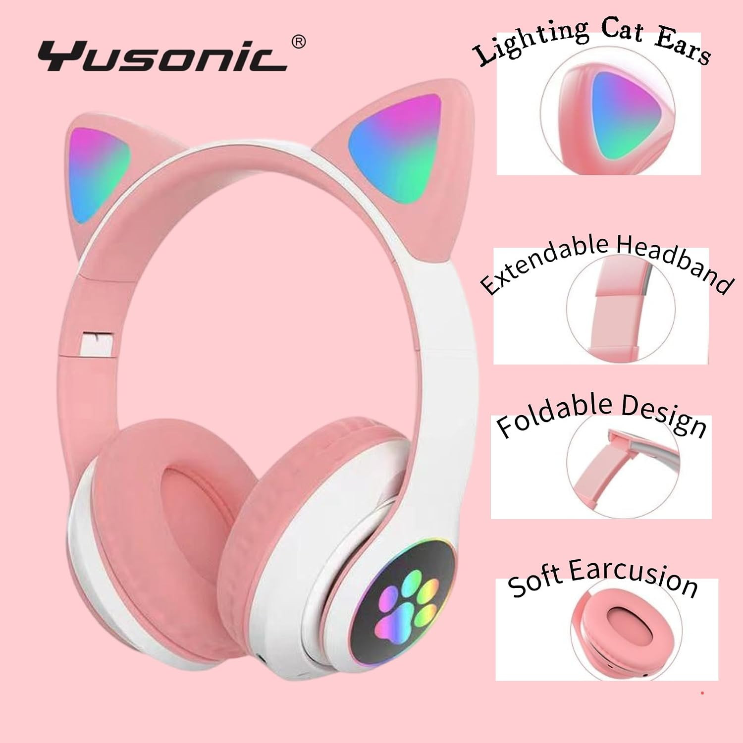 Cat Ear Bluetooth Headphones LED Wireless Foldable Over Ear Kids Adults White