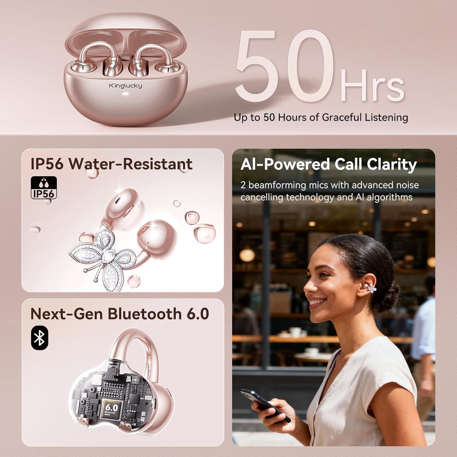 Elegant Rose Gold Open-Ear Earbuds with Butterfly Earrings – Gift-Ready Design