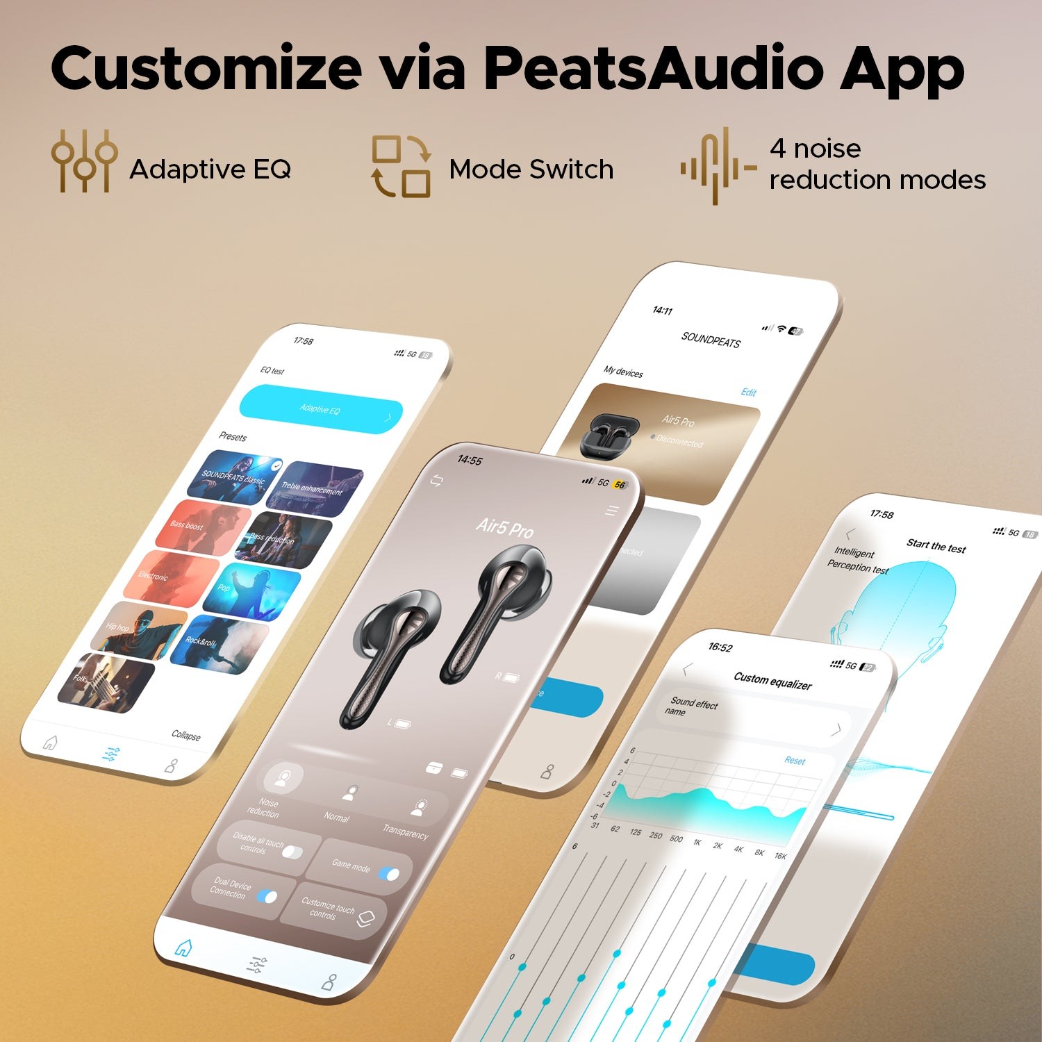SoundPEATS Air5 Pro 55dB Adaptive Hybrid Noise Cancelling Wireless Earbuds 6-mic