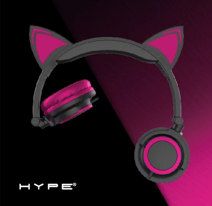 Hype Wired Pink LED Cat Ear Headphones with Mic, 3.5mm Jack Plug Fold & Swivel.