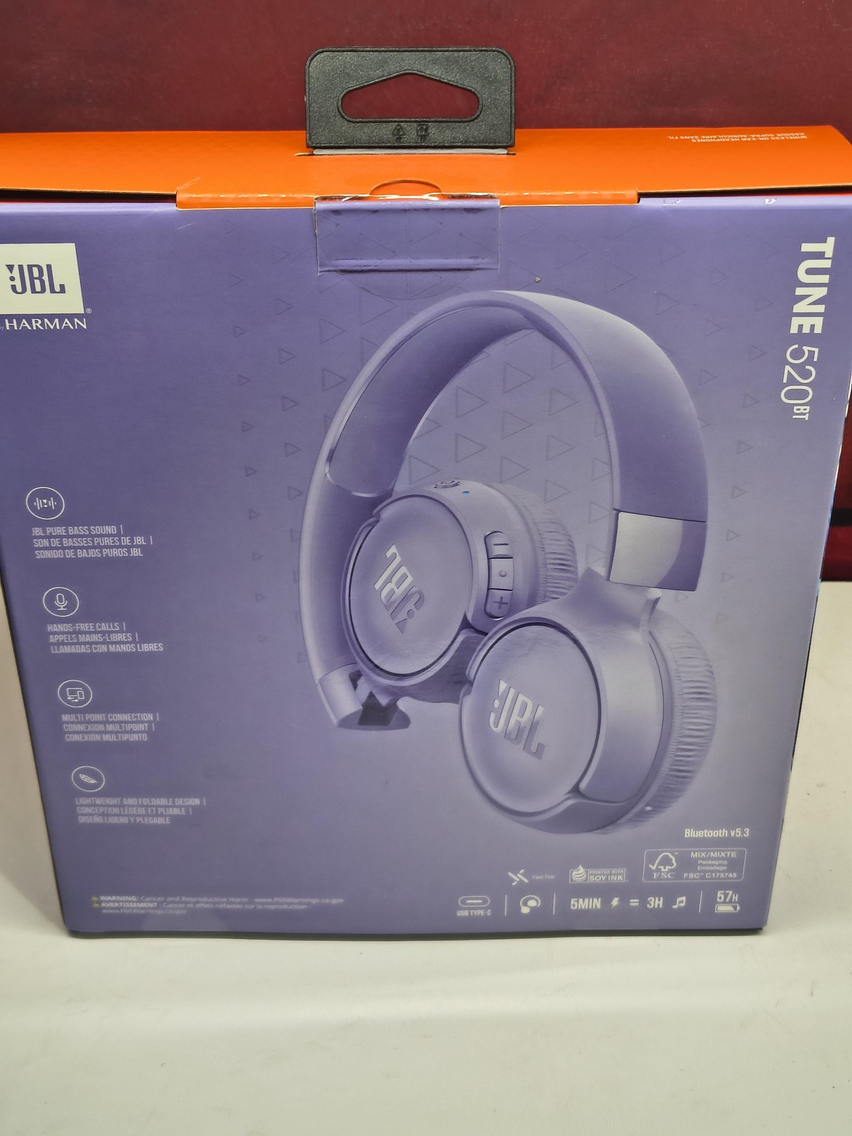 JBL Tune 520BT Wireless Bluetooth Headphones Purple 57H Battery Stereo Foldable
