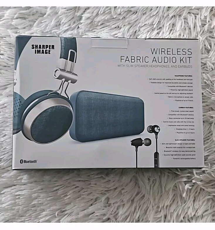 SHARPER IMAGE WIRELESS FABRIC AUDIO KIT SLIM SPEAKER / HEADPHONES AND & EARBUDS