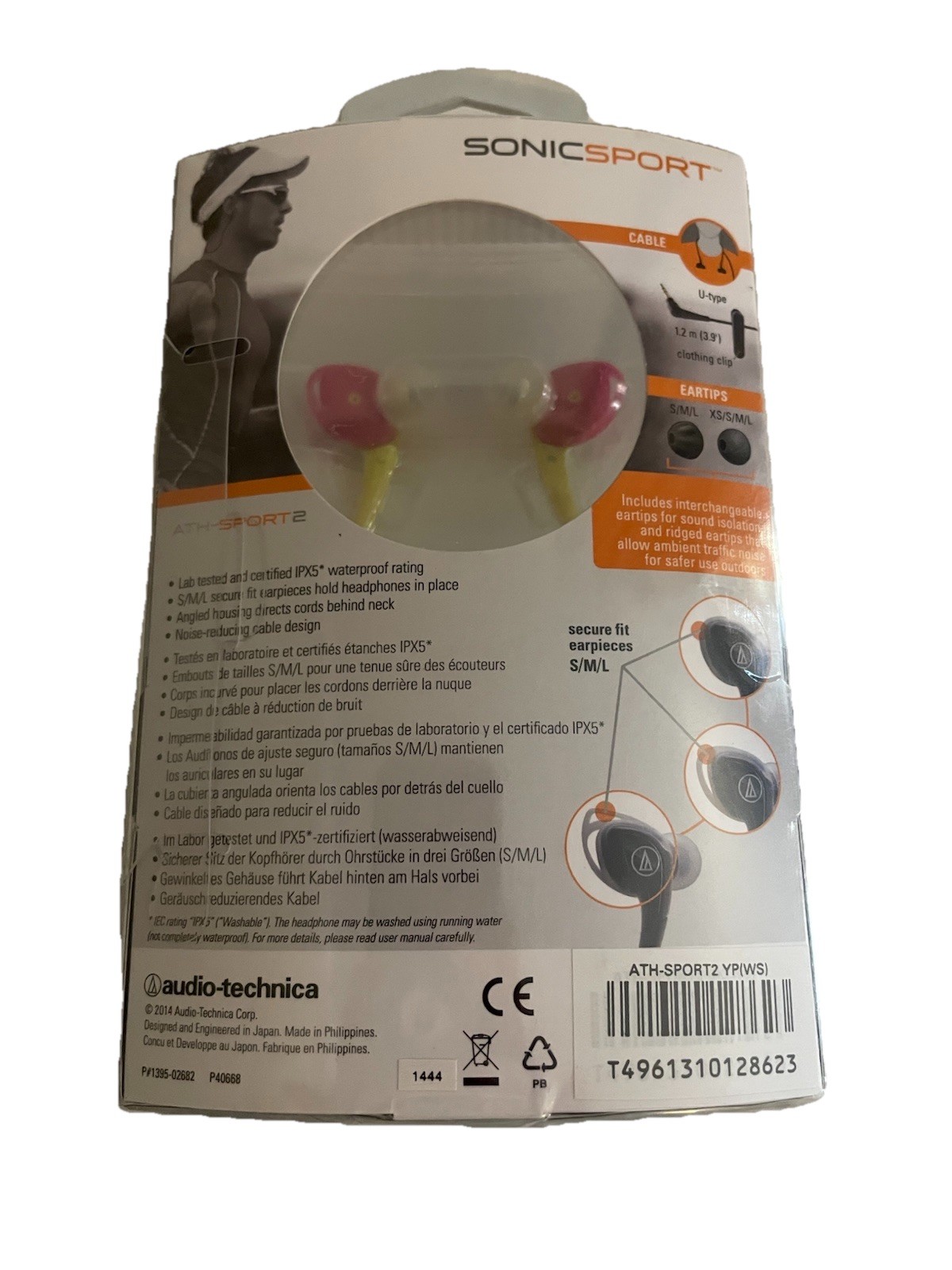 Audio-Technica SonicSport Waterproof In Ear Headphones ATH-SPORT2 Yellow Pink