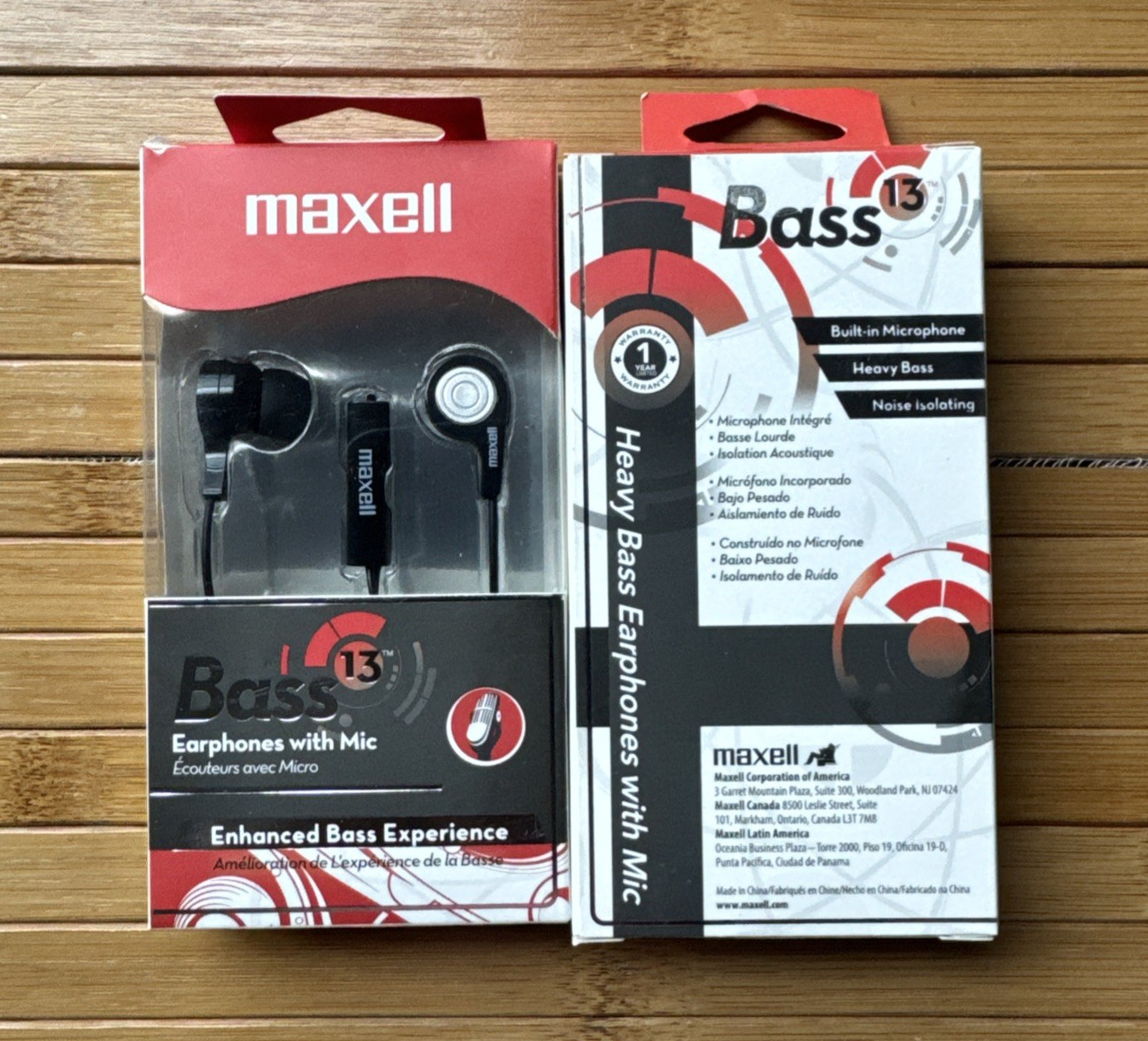 (2) Maxell Bass 13 Earphones with Built-In Mic, Heavy Bass & Noise Isolation New