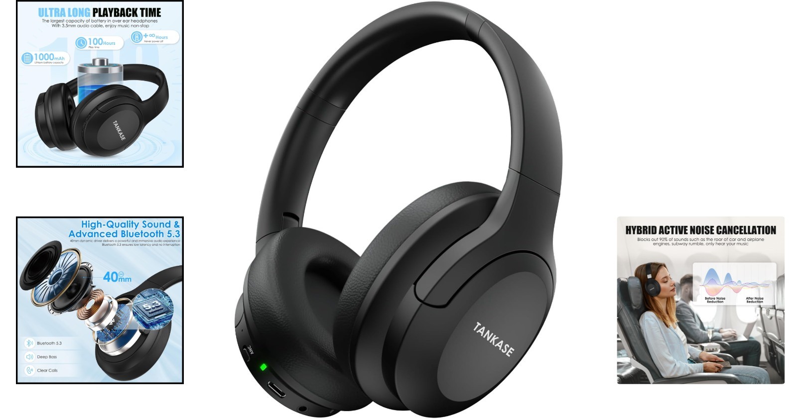 Lightweight Active Noise Cancelling Headphones – Bluetooth 5.3, Foldable Design