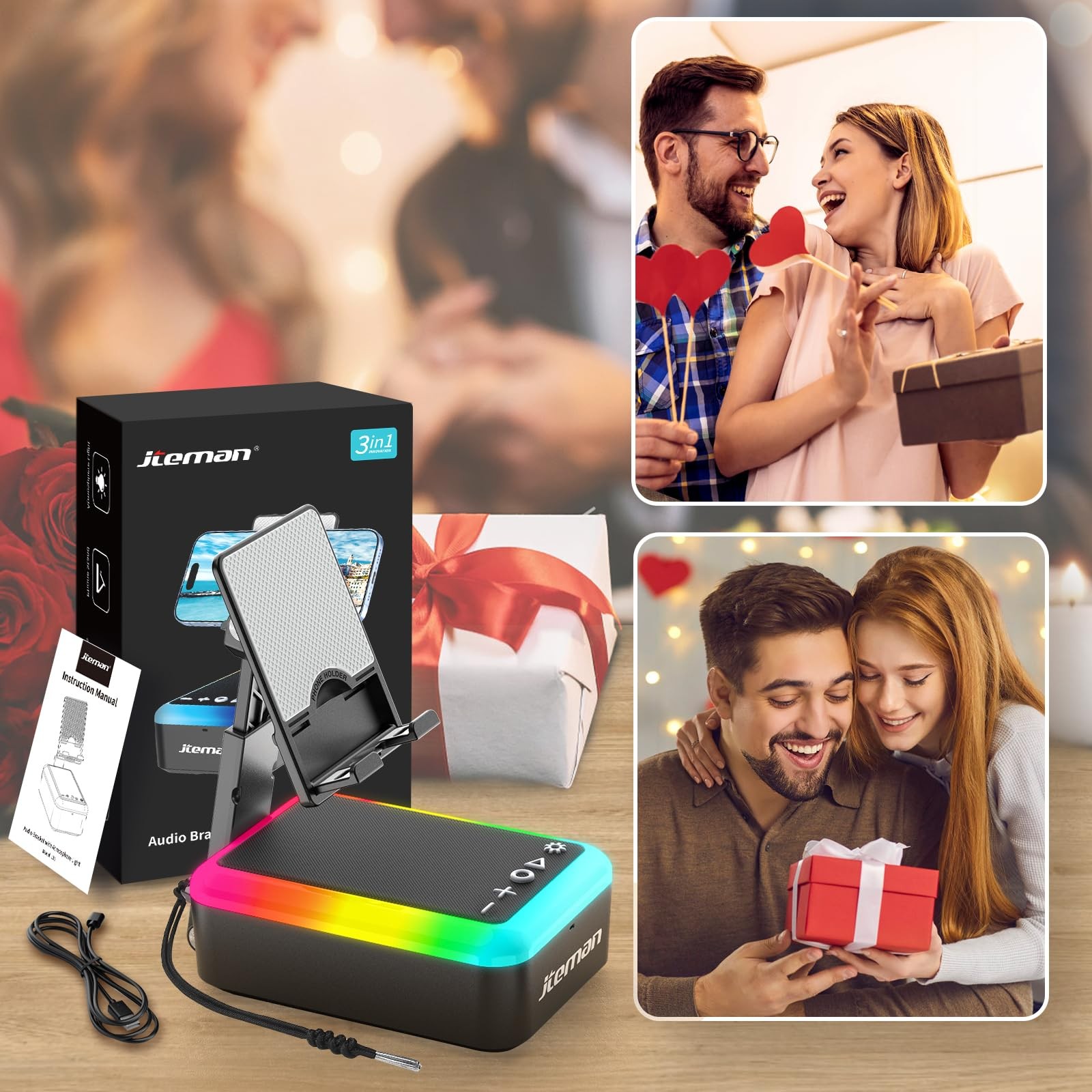 JTEMAN Gifts for Men Women, Cell Phone Stand with Bluetooth Speaker and Black