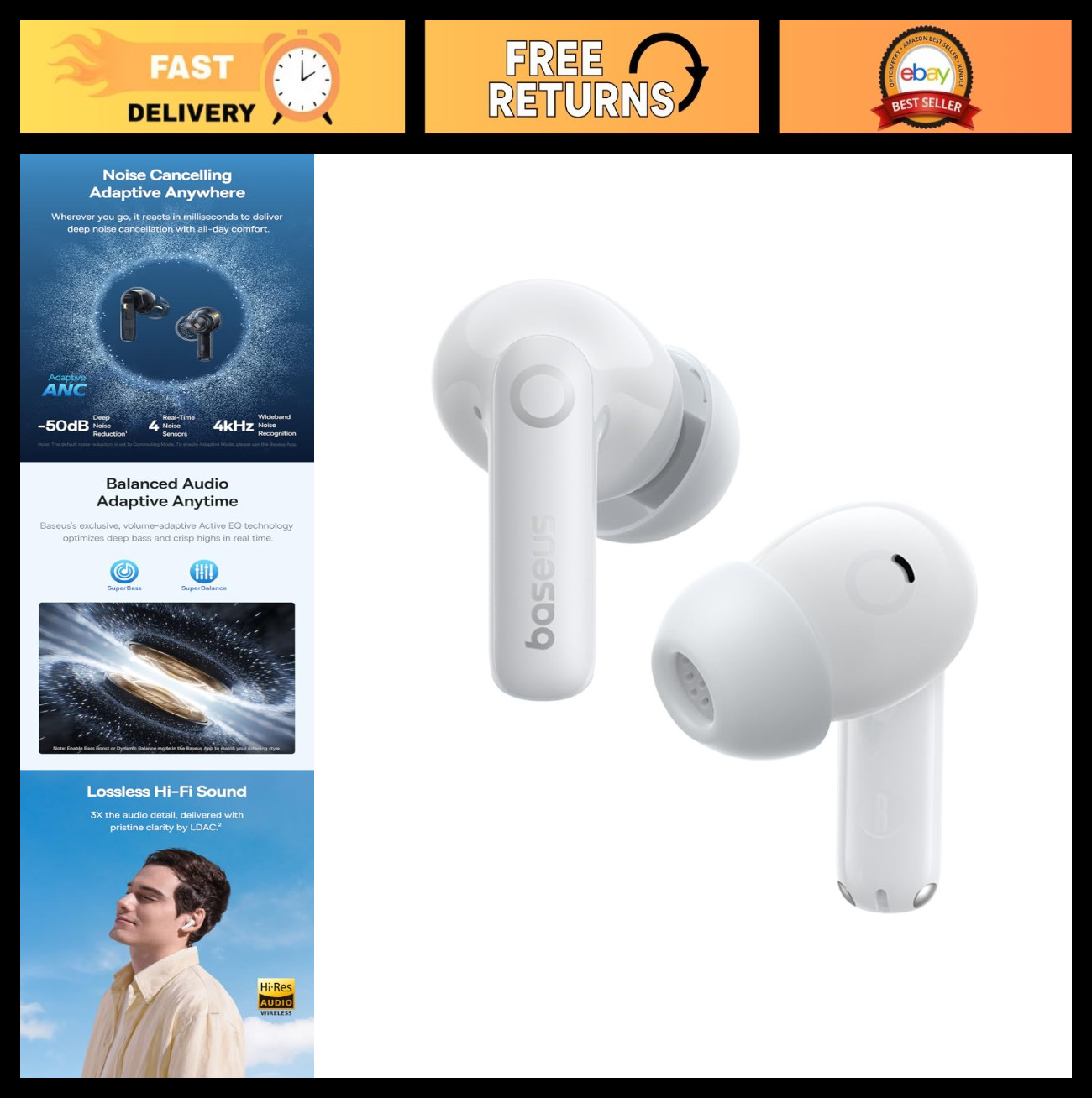 Noise Cancelling Wireless Earbuds, Adaptive EQ, LDAC Hi-Res Sound, 55H Playtime,