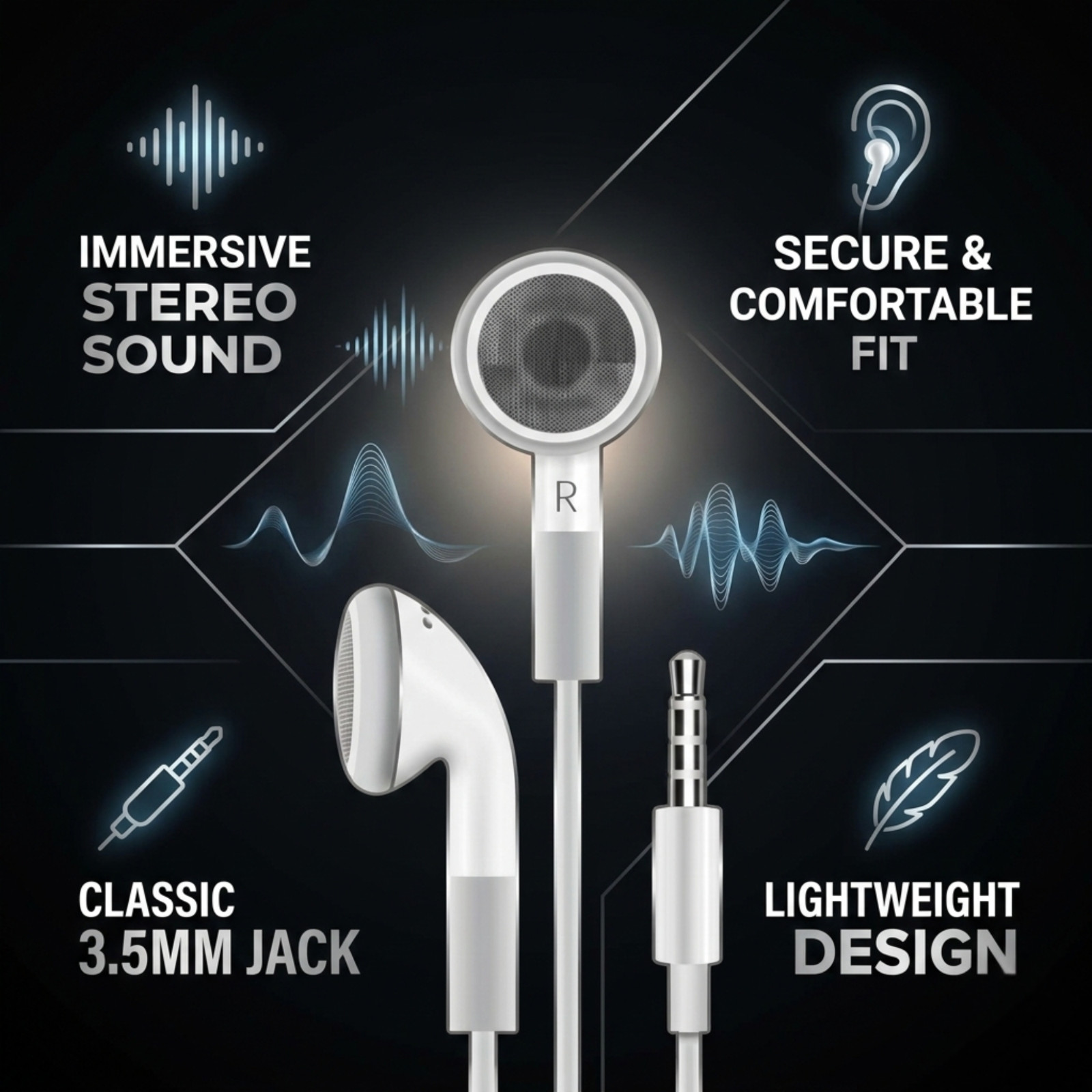 Wavesound White Wired Earbuds with 3.5mm Jack, No Mic and No Remote – 12 Pack