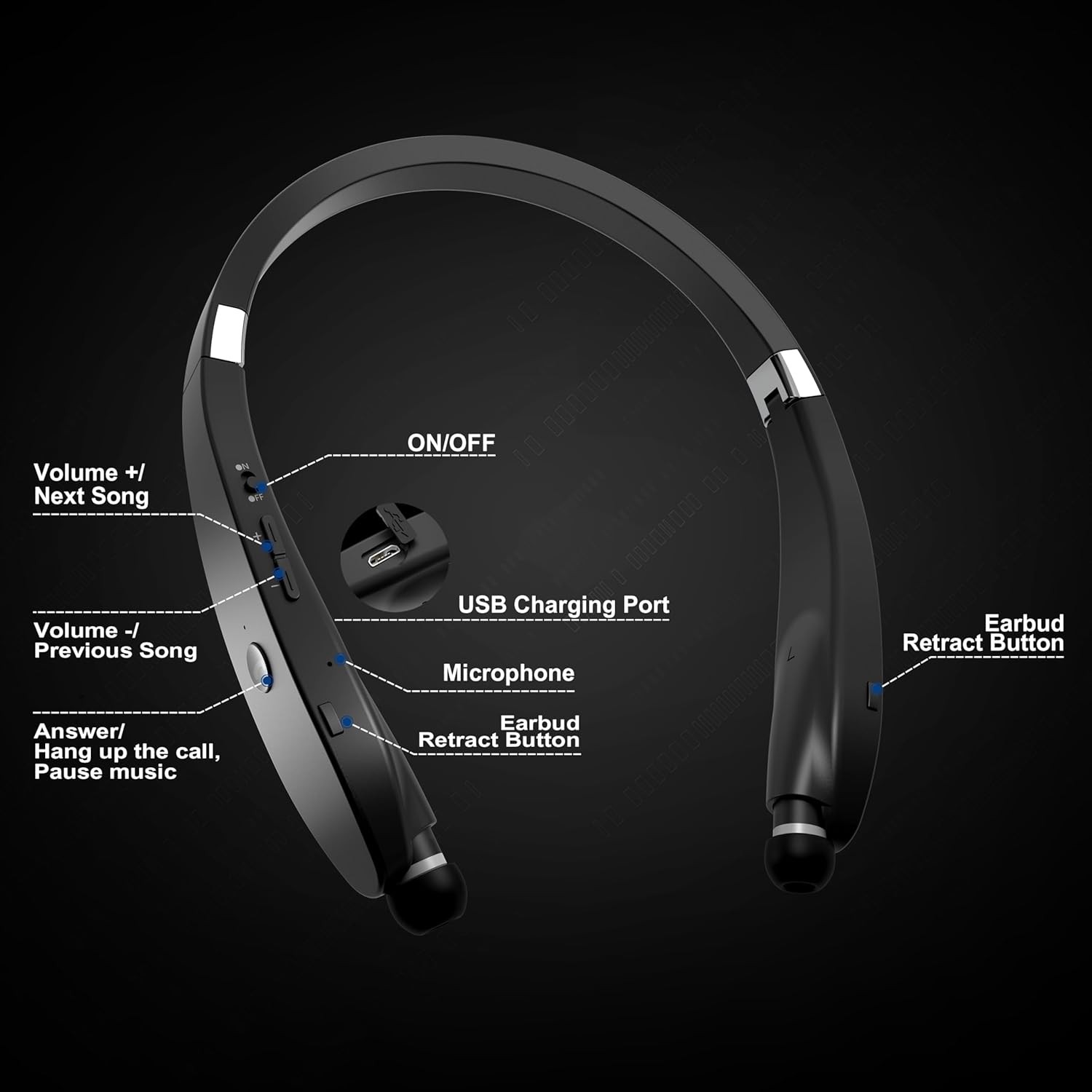 Bluetooth Neckband Headphones, Dpvisn Foldable Wireless Lightweight Black