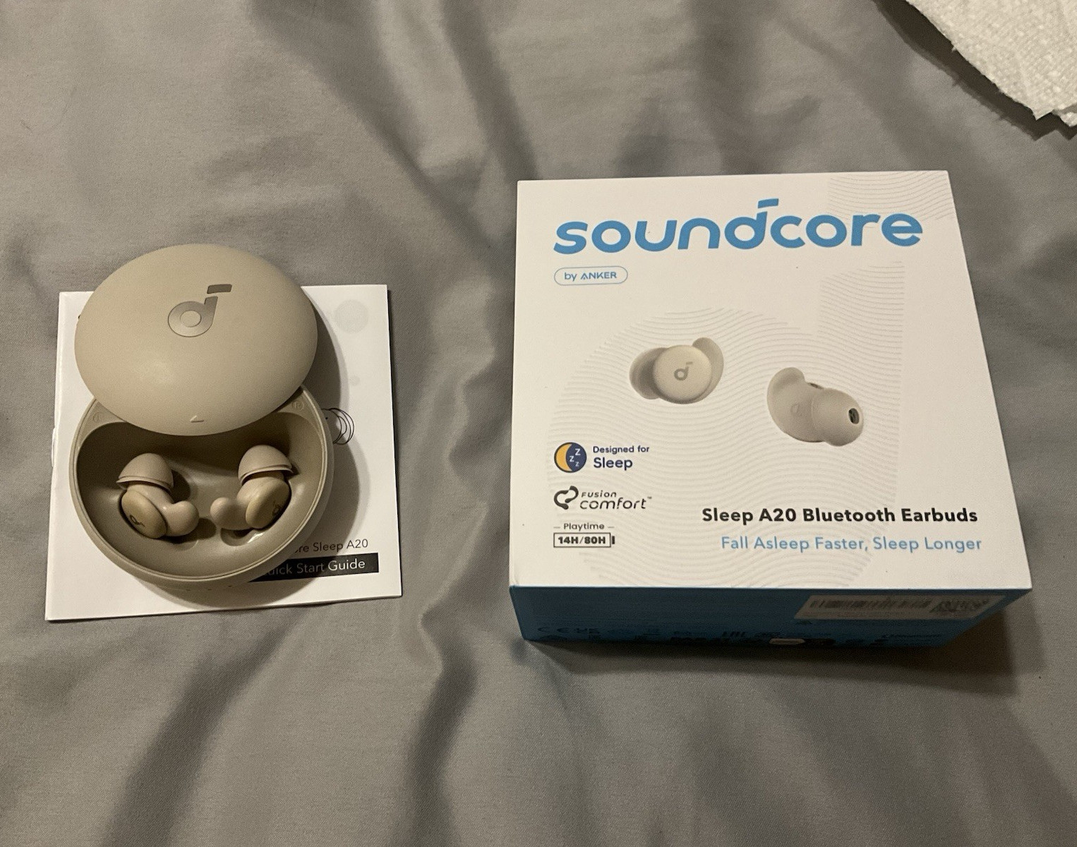 soundcore Sleep A20 Bluetooth Wireless Sleep Earbuds Beige w/ Charging Case Box