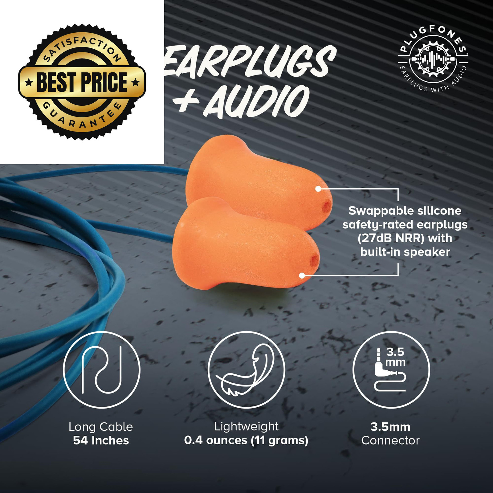 Plugfones Basic Earplug Headphones Earplug-Earbud 1 Count (Pack of 1), Orange