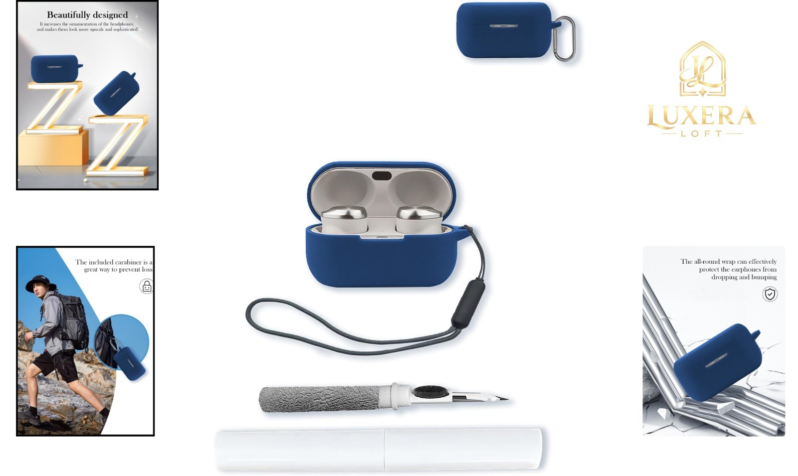Blue Silicone Case for Technics EAH-AZ100 Wireless Earbuds with Keychain