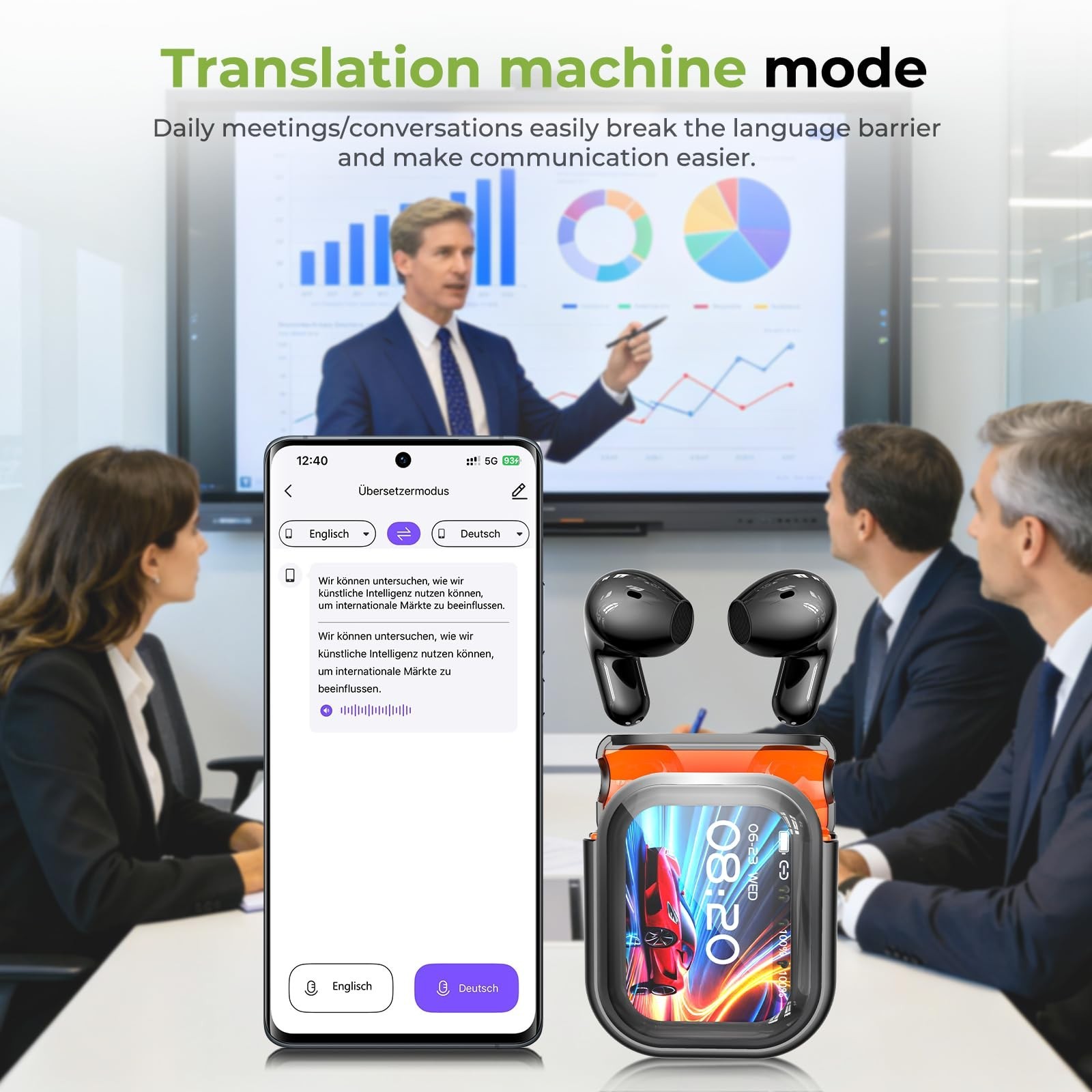 AI Translation Earbuds with LCD Touch Screen, Real-Time Language Translator, 135