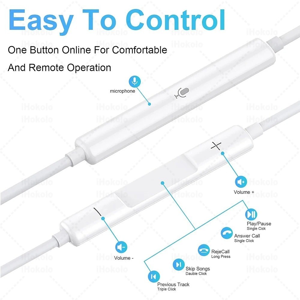 White USB-C Wired Earbuds with Built-In Mic Double Earpieces for IP 15 – 17