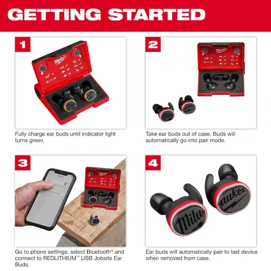 Milwaukee 2191-21 Red Lithium USB Bluetooth Jobsite Ear Buds