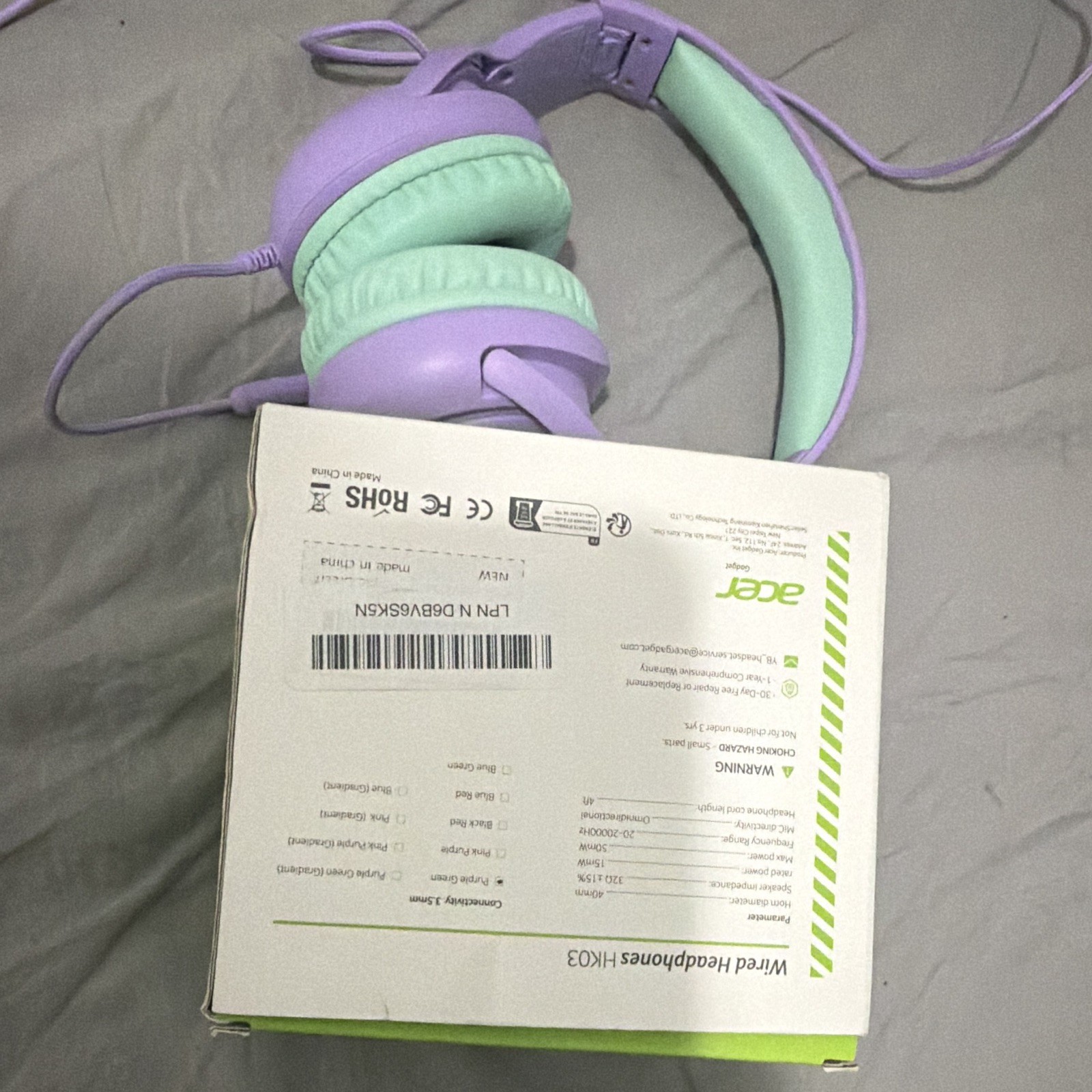 Acer HK03 Wired On-Ear Headphones 3.5mm Foldable Stereo Purple/Green