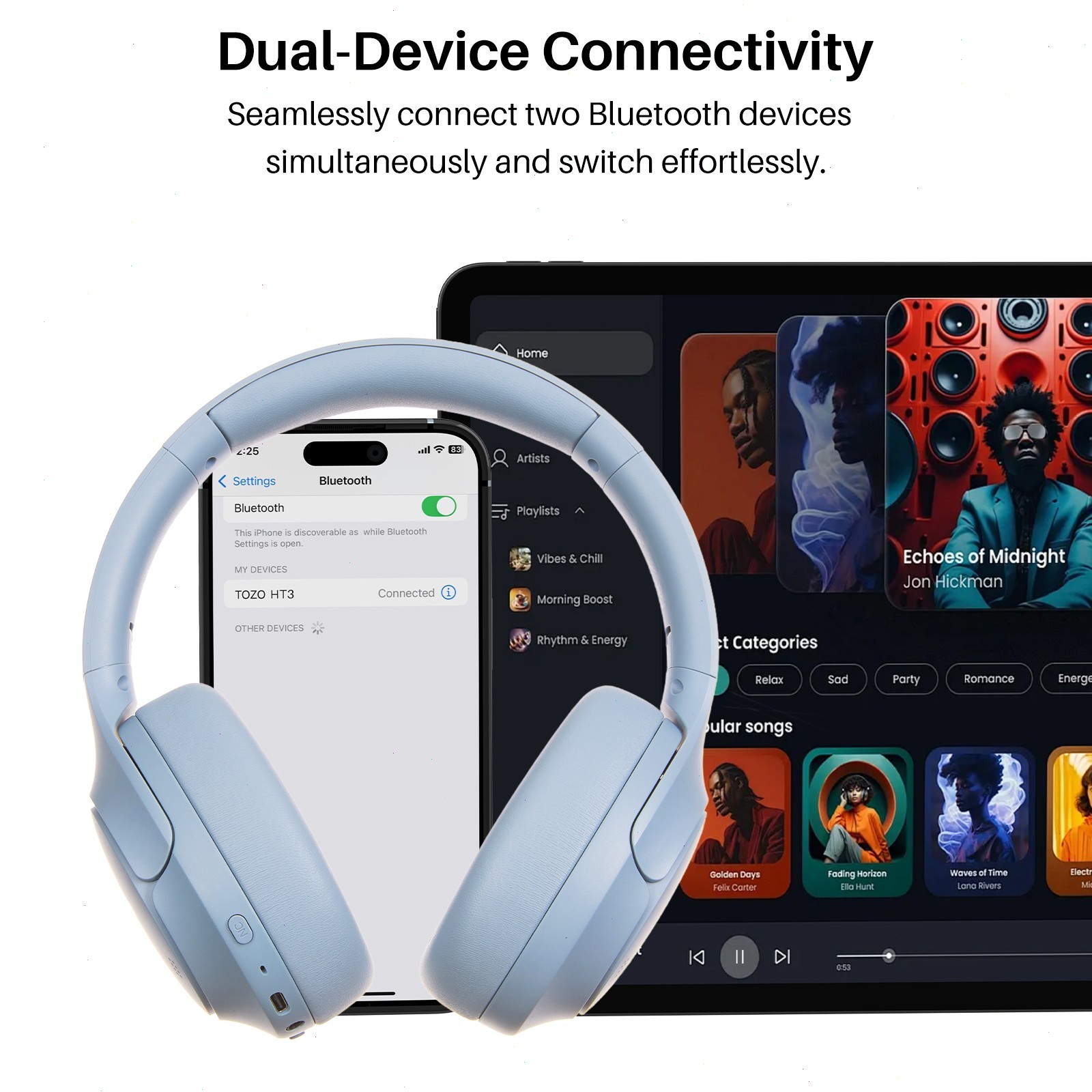 TOZO HT3 Over Ear Bluetooth Headset ANC Noise Cancelling Headphone AI Chat w/APP