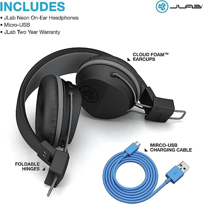 JLab Neon Wireless Headphones, Refurbished, Bluetooth, Adjustable Headband