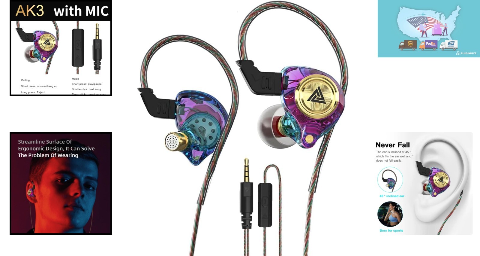 Ergonomic Wired Gaming Earbuds with Active Noise Cancellation – Purple Design