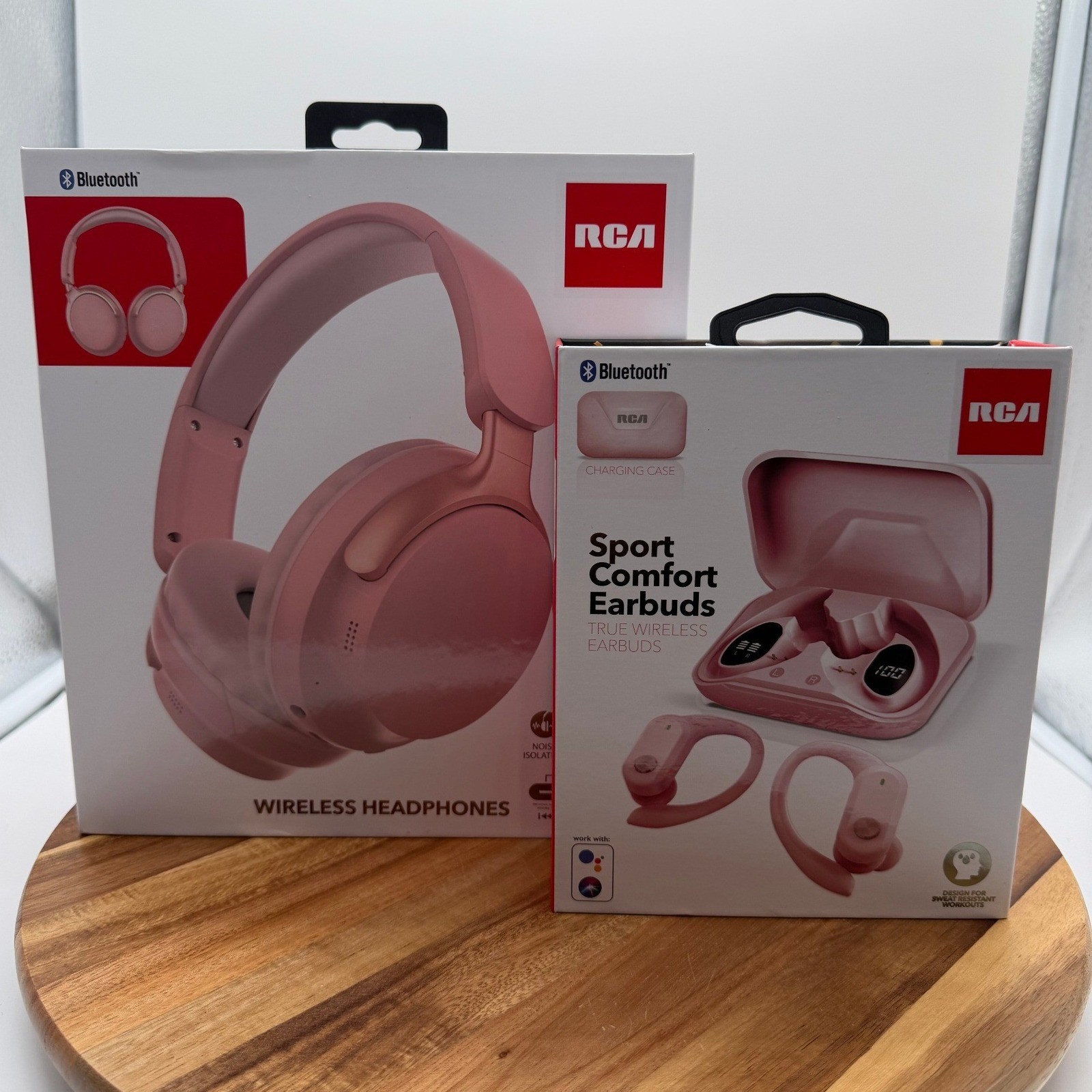 RCA Pink Wireless Headphones WAVE-58 & Sport Comfort Earbuds Bluetooth Bundle