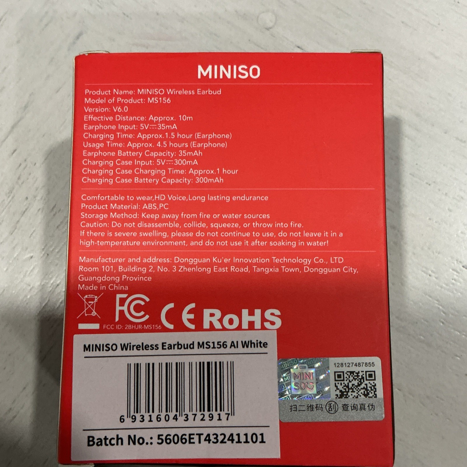 MINISO MS156 Wireless Bluetooth Earbud, HD Voice, Long-Lasting Endurance, White