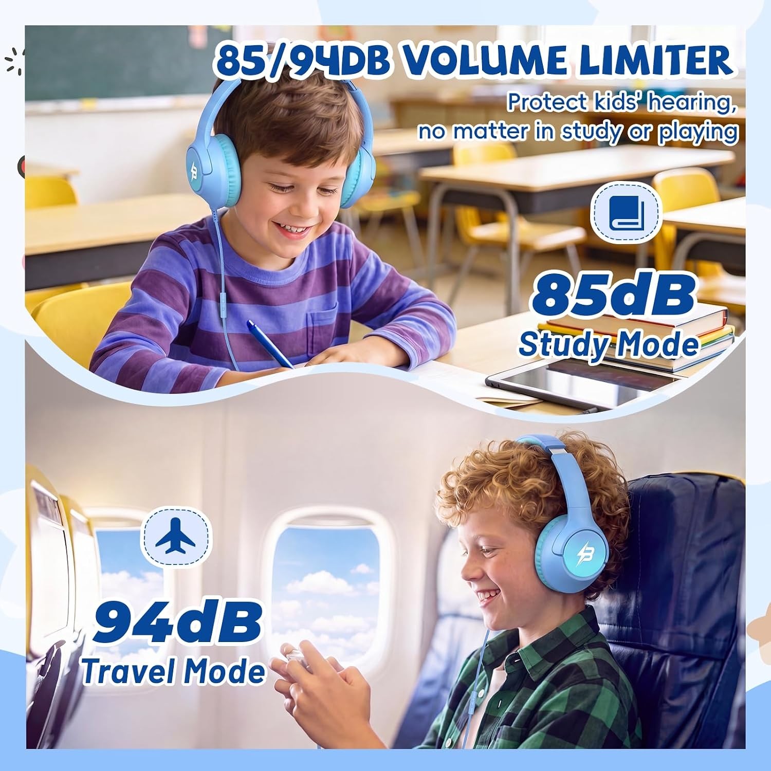 Wired Headphones for Kids for School, 3.5mm Cord 85/94dB Volume, Light Blue | Ov