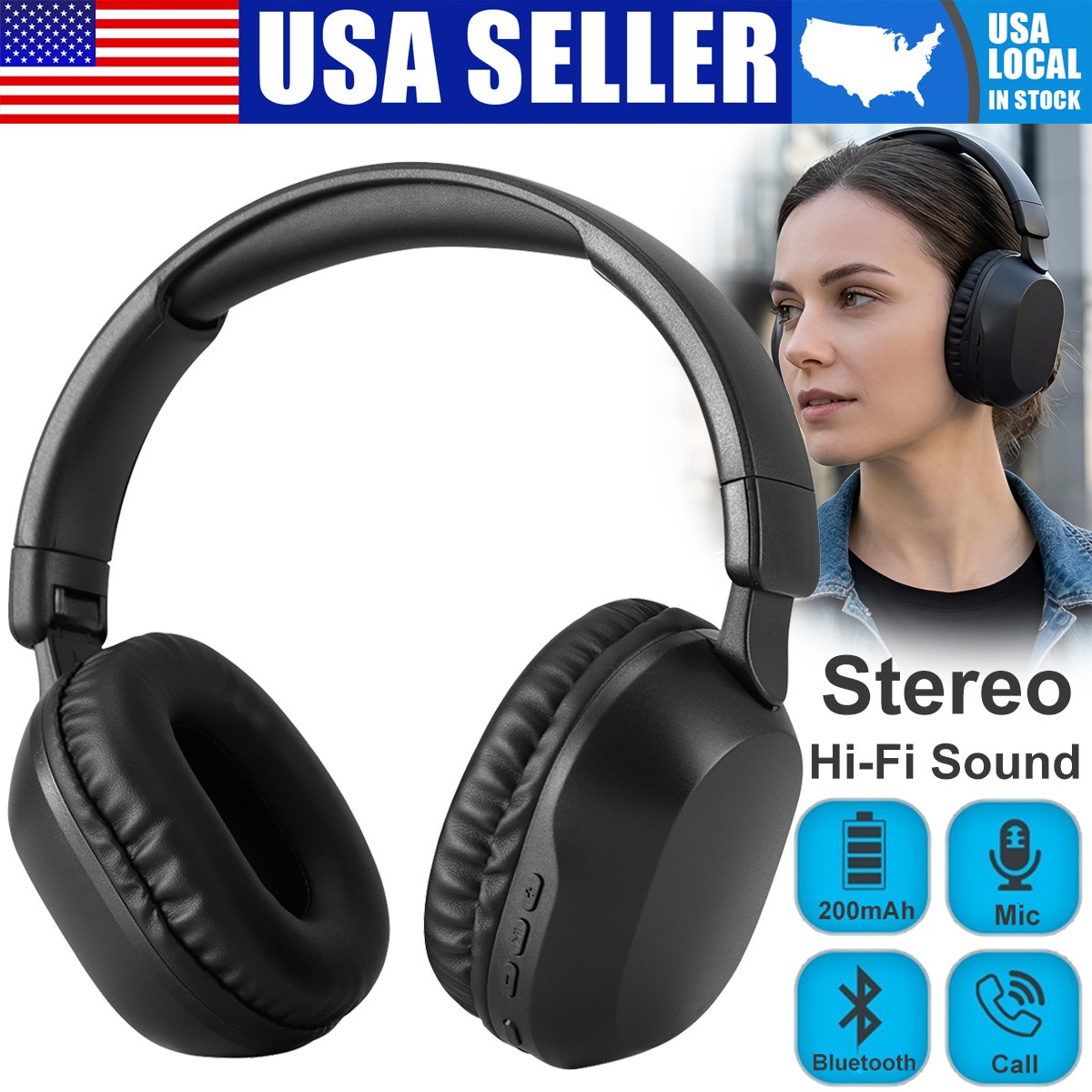 Over-Ear Bluetooth Headphones Wireless Stereo Hi-Fi Sound Rechargeable Headset
