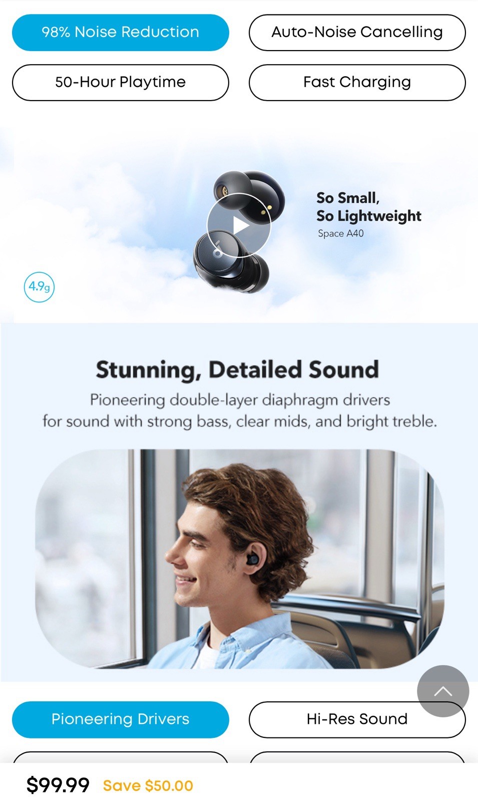 Soundcore by Anker Space A40 Adaptive Active Noise Cancelling Wireless Earbud