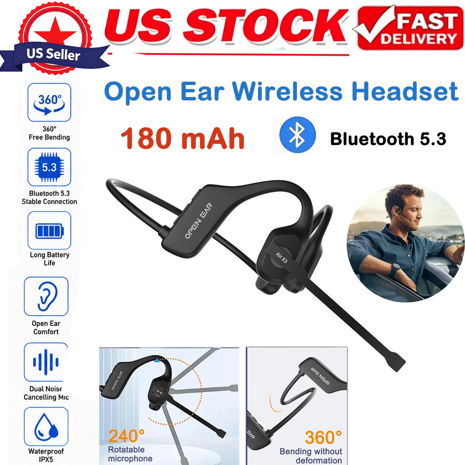 Trucker Bluetooth 5.3 Open Ear Wireless Headset With Dual Noise Cancelling Mic