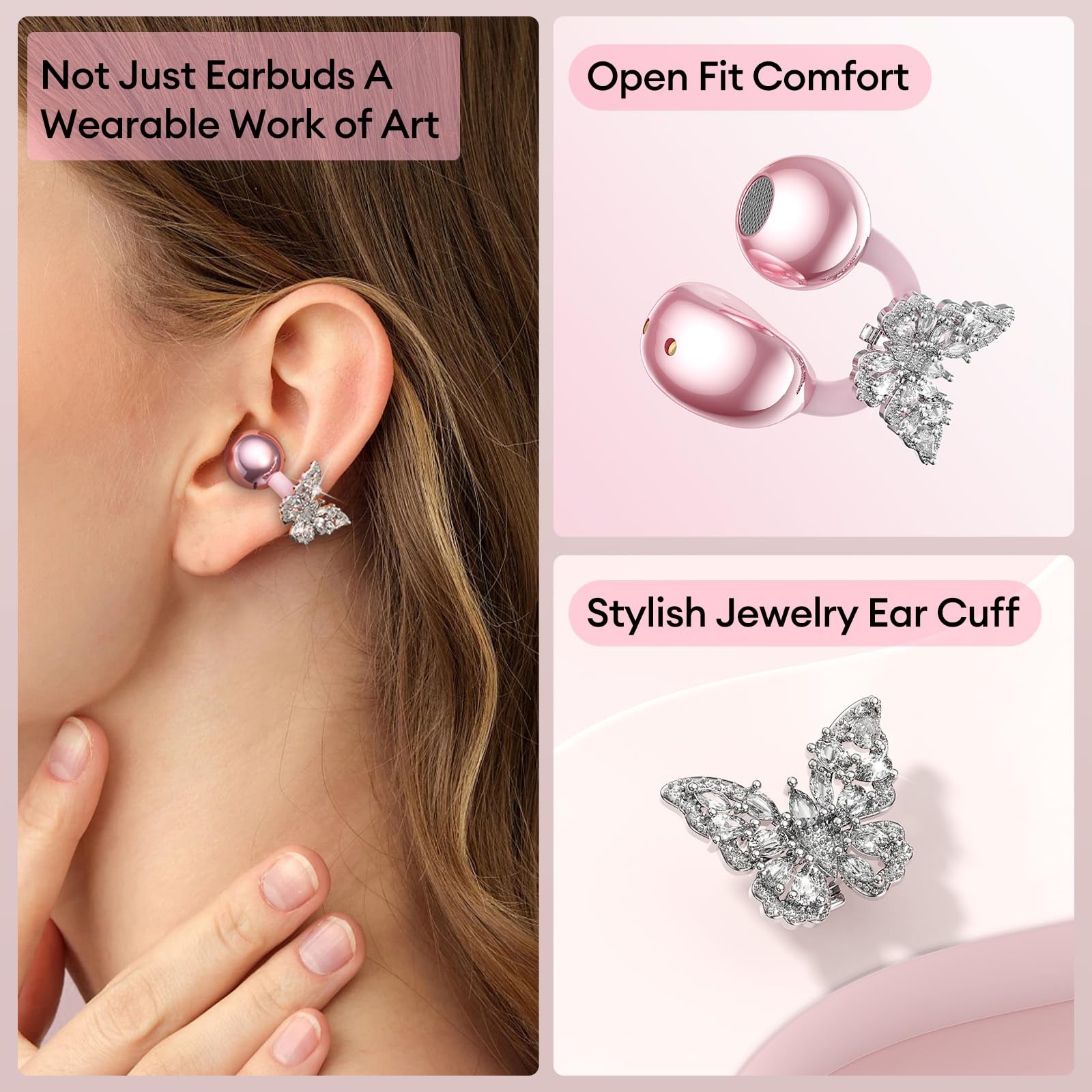 Stylish Open Ear Clip On Earbuds with Removable Butterfly Earring, Clip On He…
