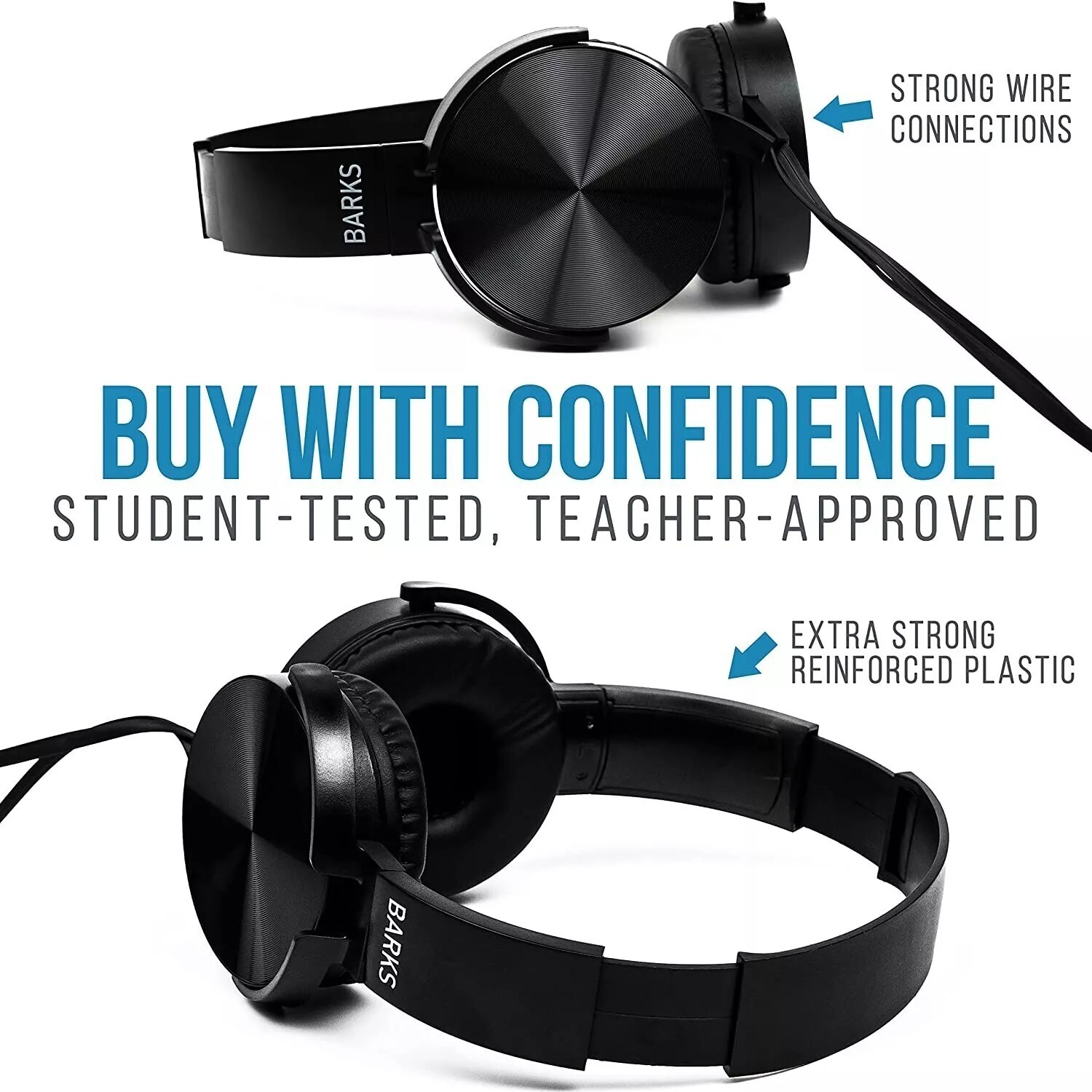 Barks Tech Classroom Headphones, On-Ear Premium Student Bulk Headphones- 10 Pack