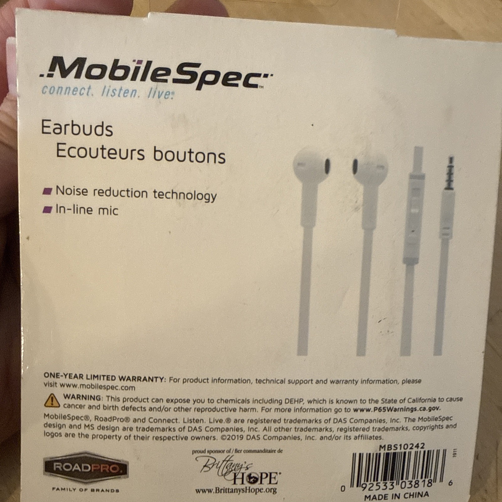 Mobilespec MBS10242 Earbuds Noise Reduction Black 3 Ft. Cord Fast Free Shipping