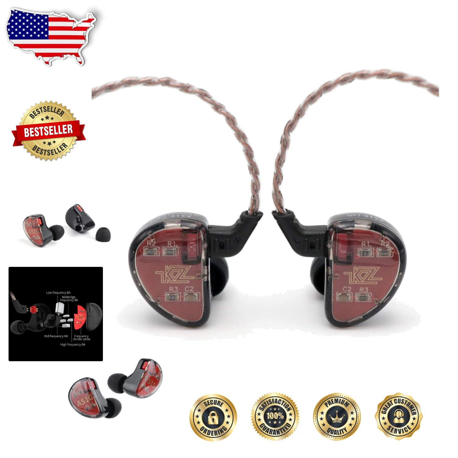 KZ AS10 5BA HiFi Earphones, 5 Balanced Armature Drivers, Detachable Cable, Black