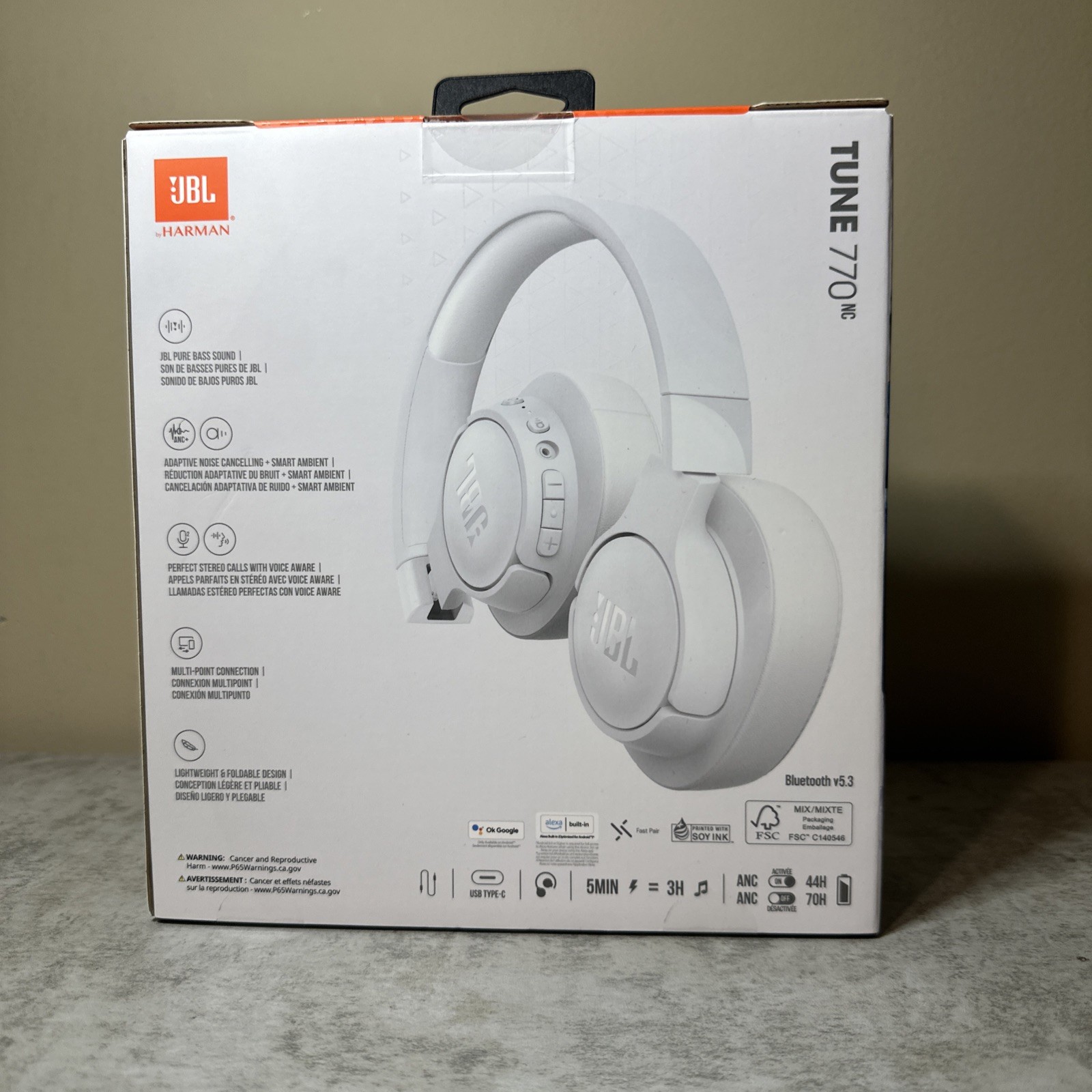 New JBL Tune 770NC Bluetooth Wireless Noise Cancelling Over-Ear Headphones White