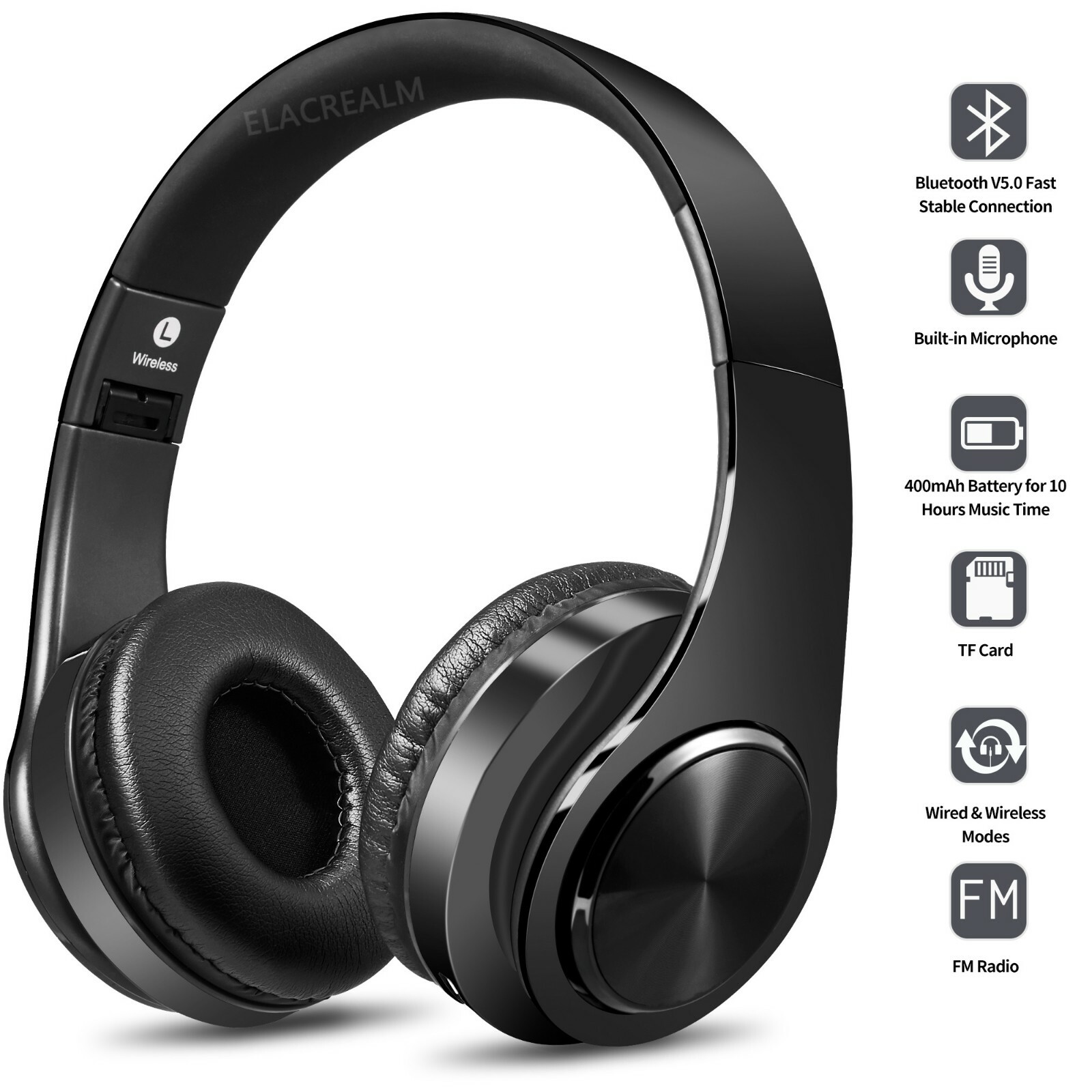 Wireless Bluetooth Headphone Over Ear Foldable Stereo Headset Built in Mic Black