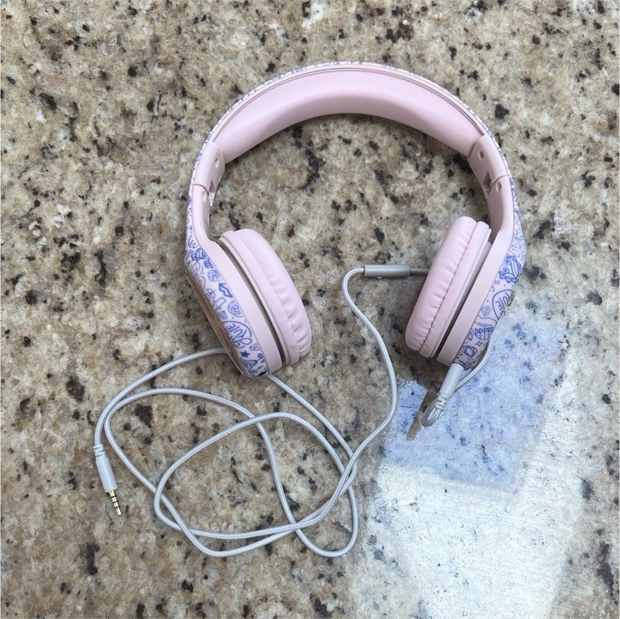 LilGadgets Wired Over-Ear Headphones Pink White Blue Pattern w/ Carrying Pouch