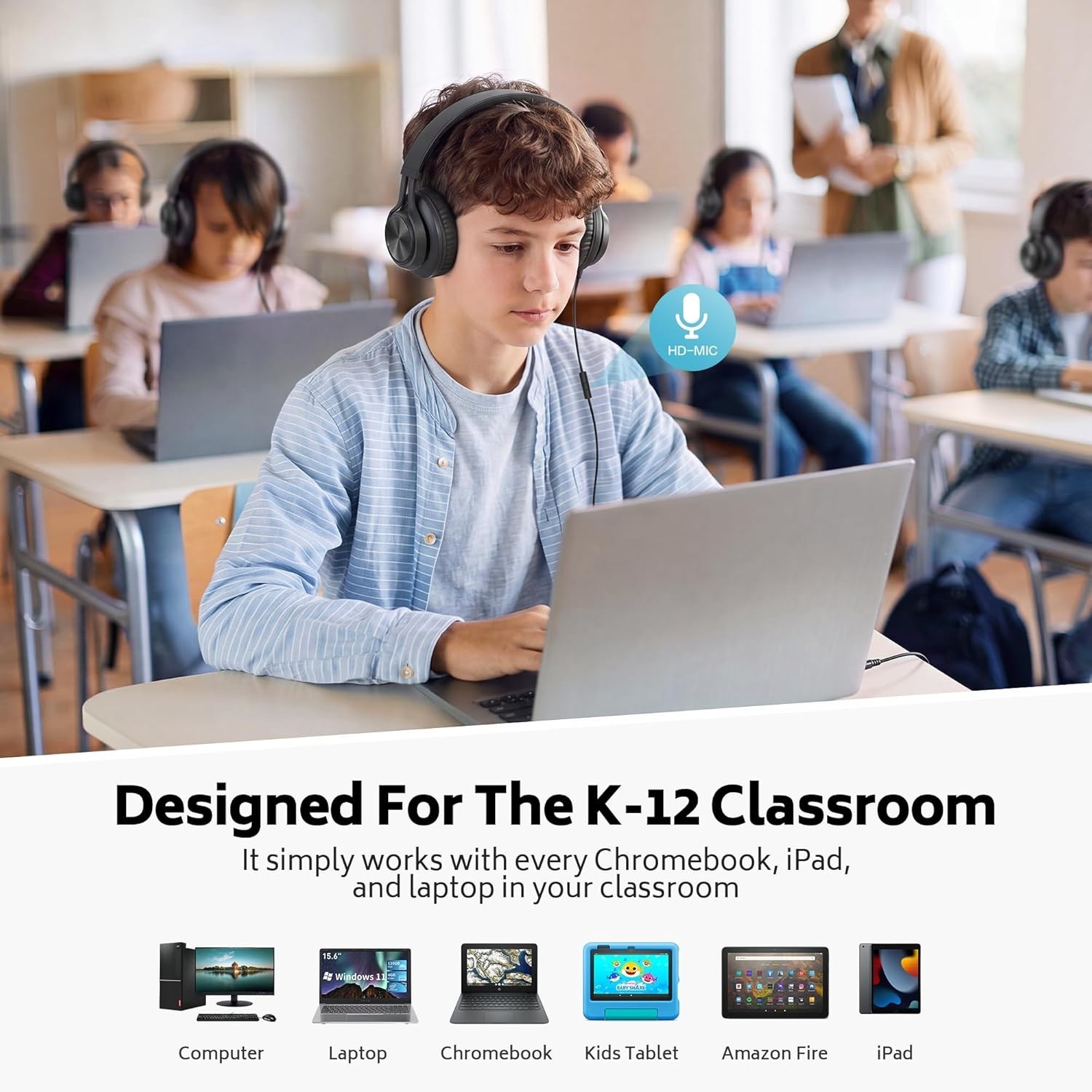 12-Pack Headphones Wired Bulk for School Students K-12 Classroom Adjustable