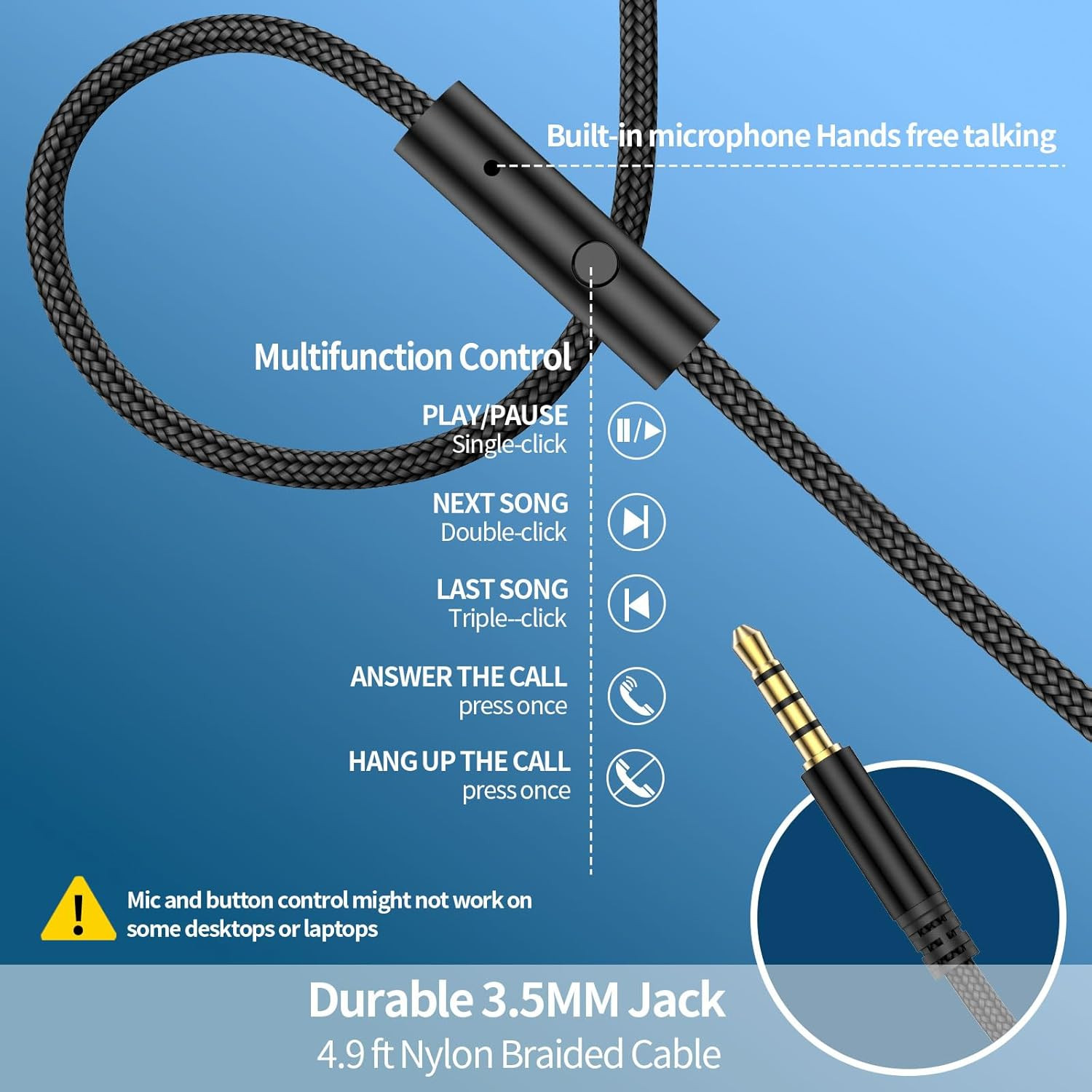UrbanSwing W4 Corded Headphones with Mic, 3.5mm Jack & USB-C Headphone Adapter f