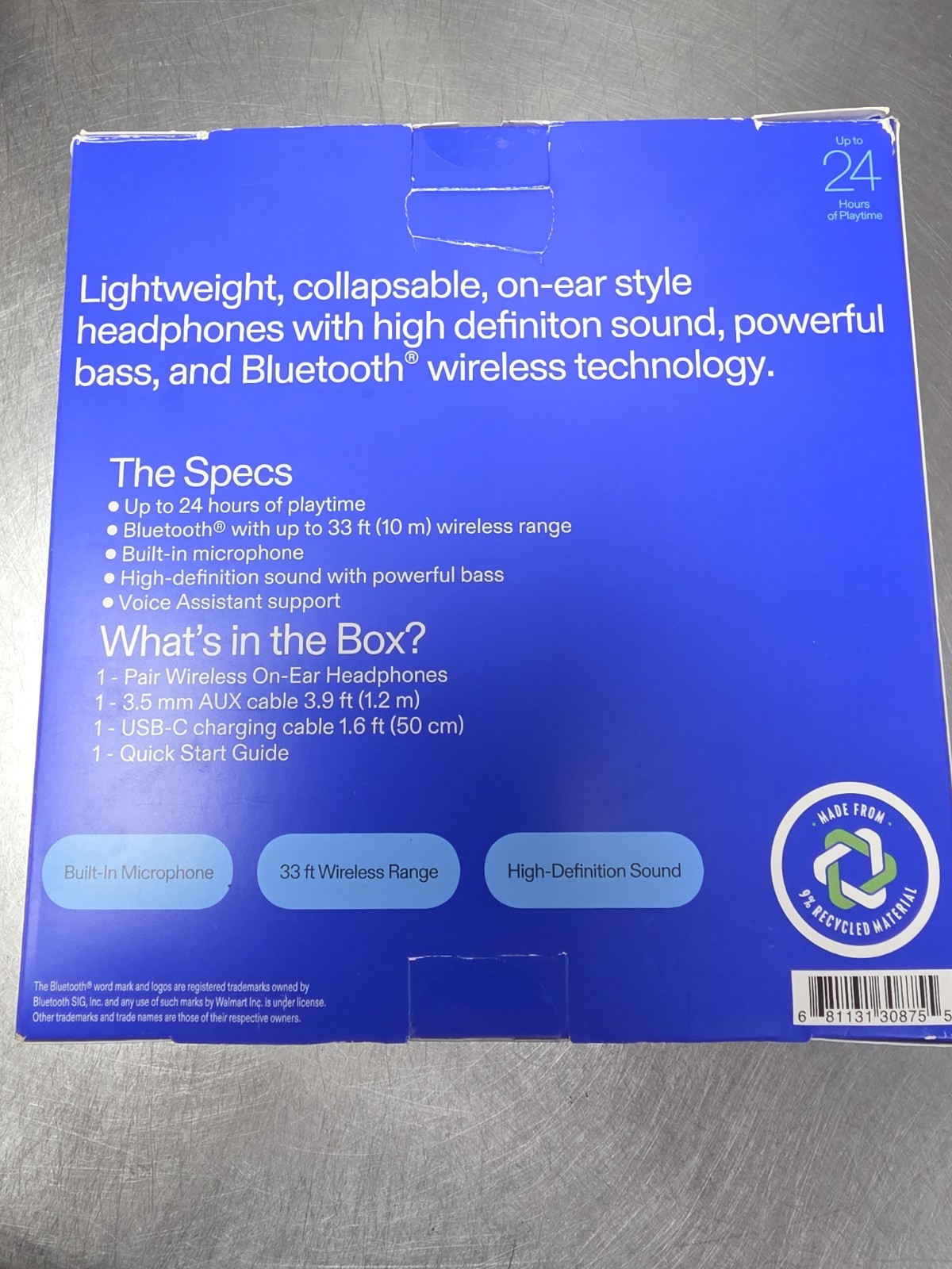 Onn Wireless Bluetooth On-Ear Headphones w/ Built-in Mic, 14 Hrs. Lilac