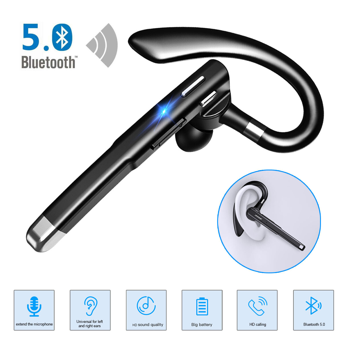 Earpiece Dual Mic Earbud Noise Cancelling Trucker Wireless Headset Bluetooth 5.1