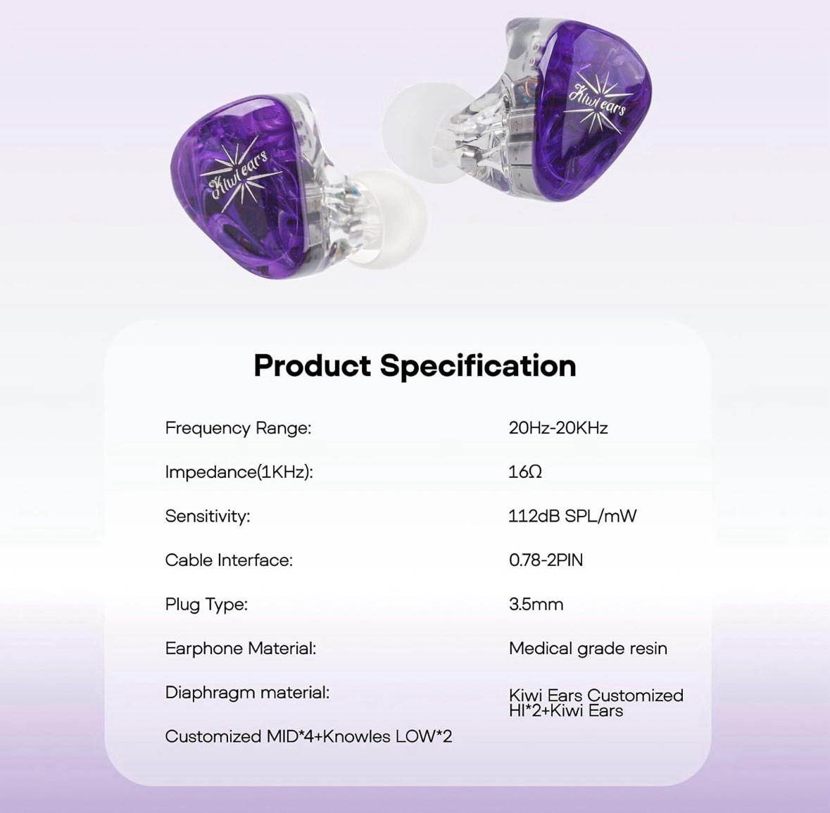 Kiwi Ears Orchestra Lite Performance Custom 8BA In-Ear Monitor IEM Purple
