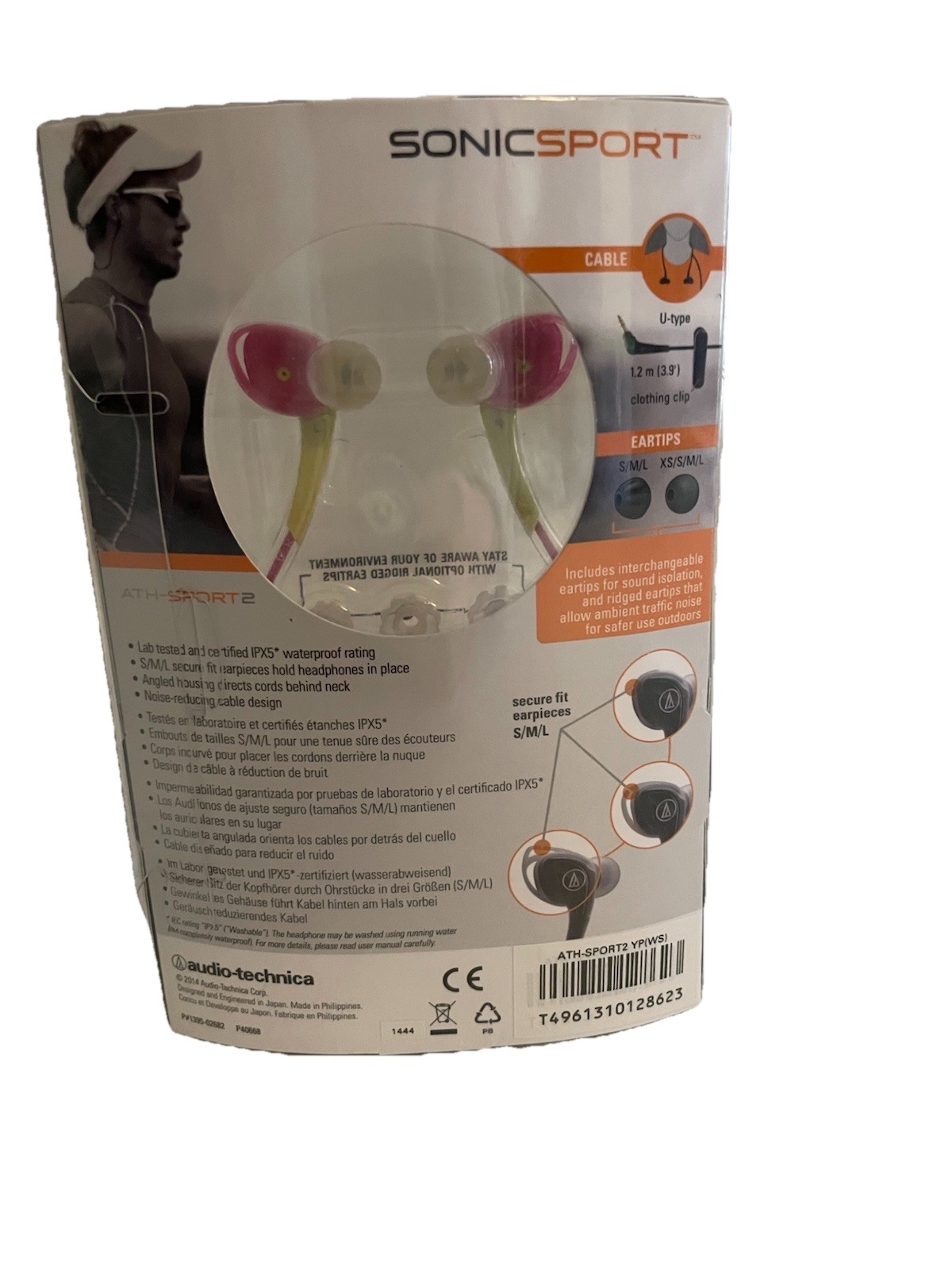 Audio-Technica SonicSport Waterproof In Ear Headphones ATH-SPORT2 Yellow Pink