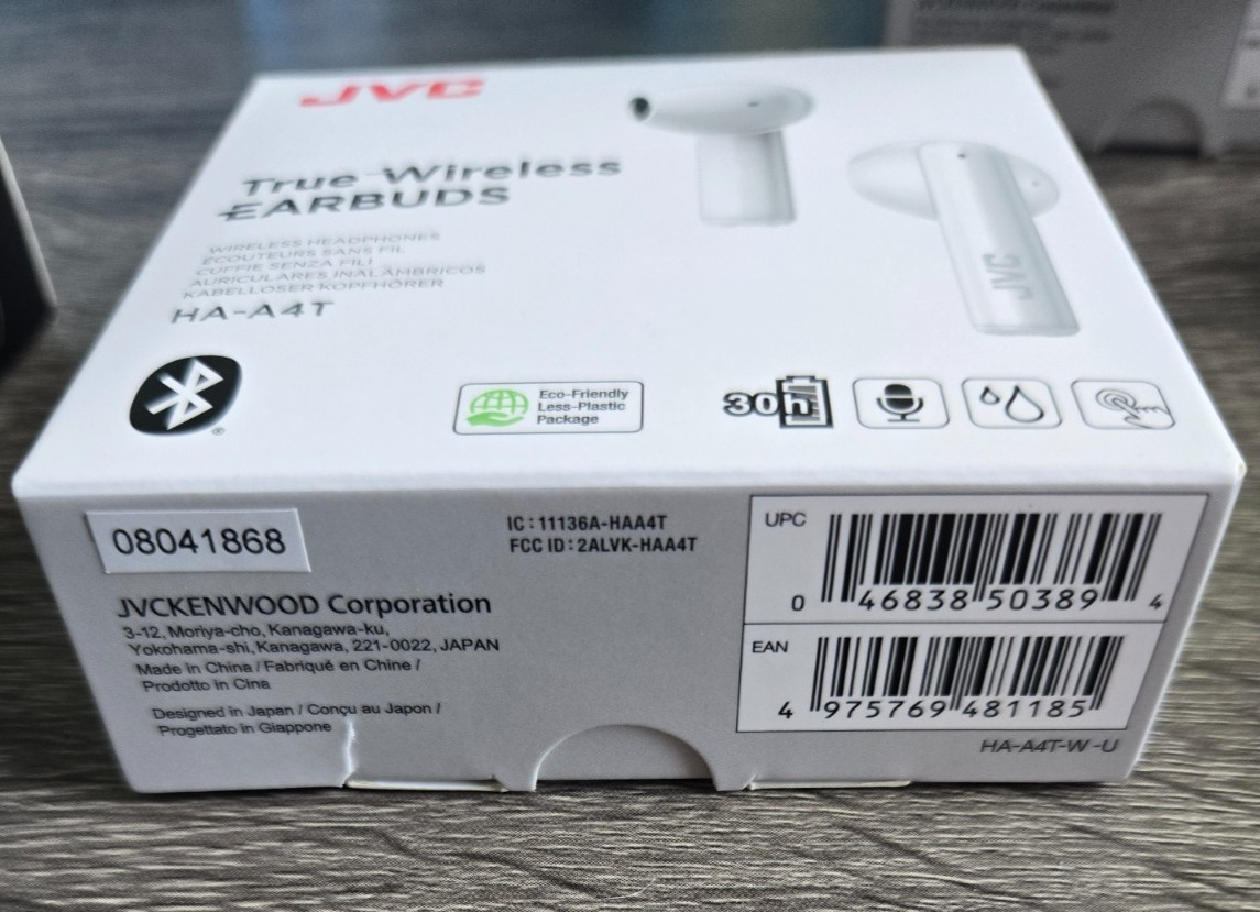 JVC True Wireless Earbuds (HA-A4T), Bluetooth, Water Resistant, White, Brand New