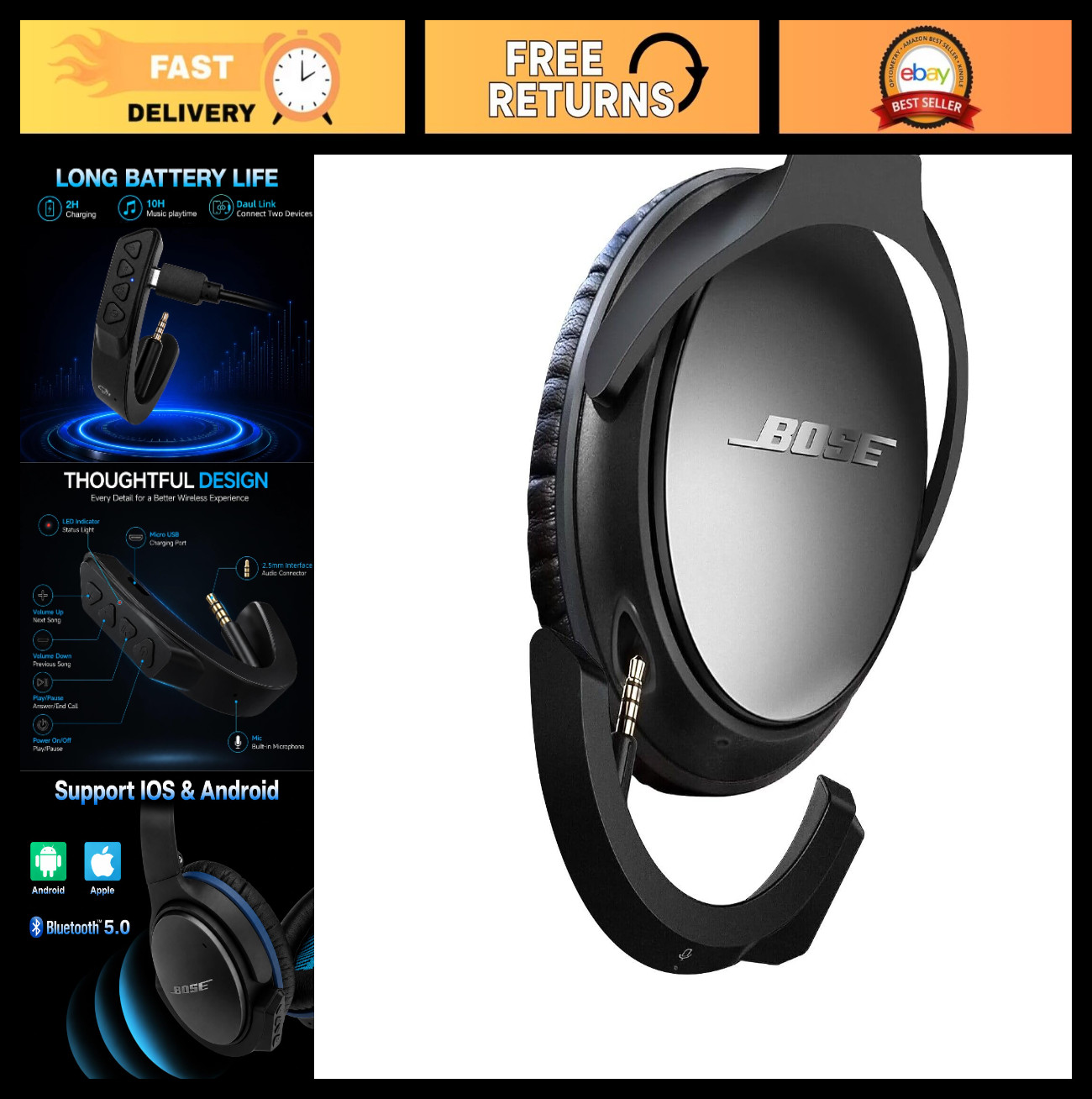 aptX Wireless Bluetooth Adapter for QC25 Headphones – Mic & Volume Control, Blac