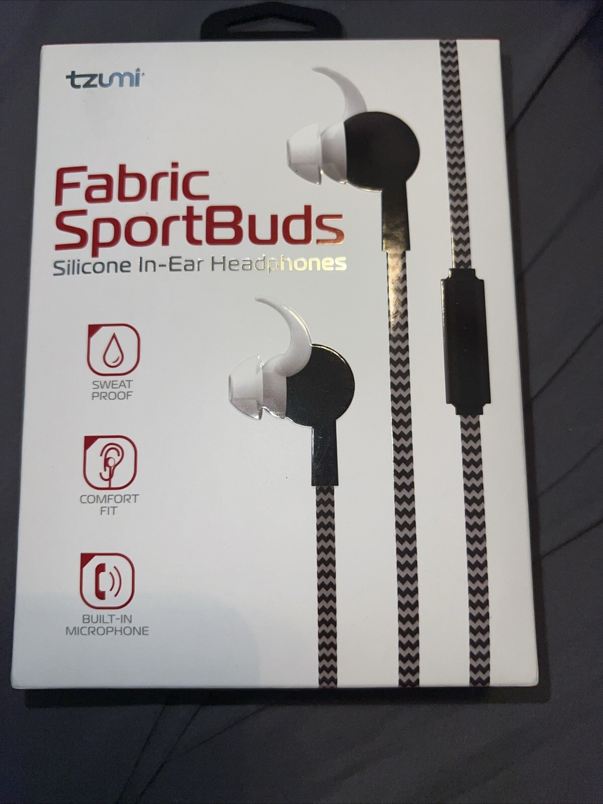 NIB Tzumi Fabric SportBuds Silicone In-Ear Headphones, Built-In Microphone