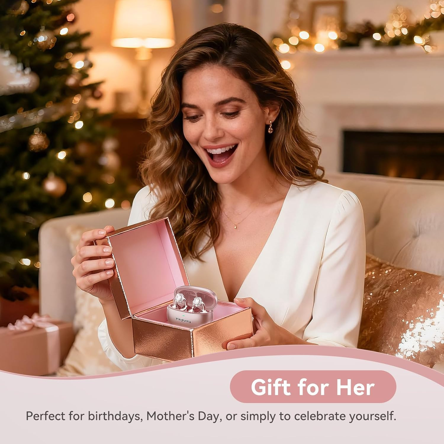 Rose Gold Bluetooth 5.4 Open Ear Earbuds with Detachable Diamond Earrings