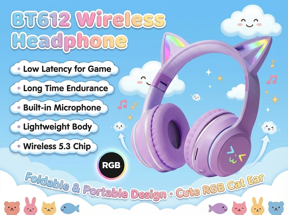 Kids Cat Ears Headphones with Microphone (RGB LED/WIRELESS/BLUETOOTH/FOLDABLE)